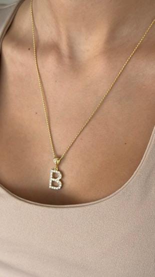 CZ Diamond Initial Necklace: 14k Gold Plated Sterling Silver Personalized Jewelry  Men Women