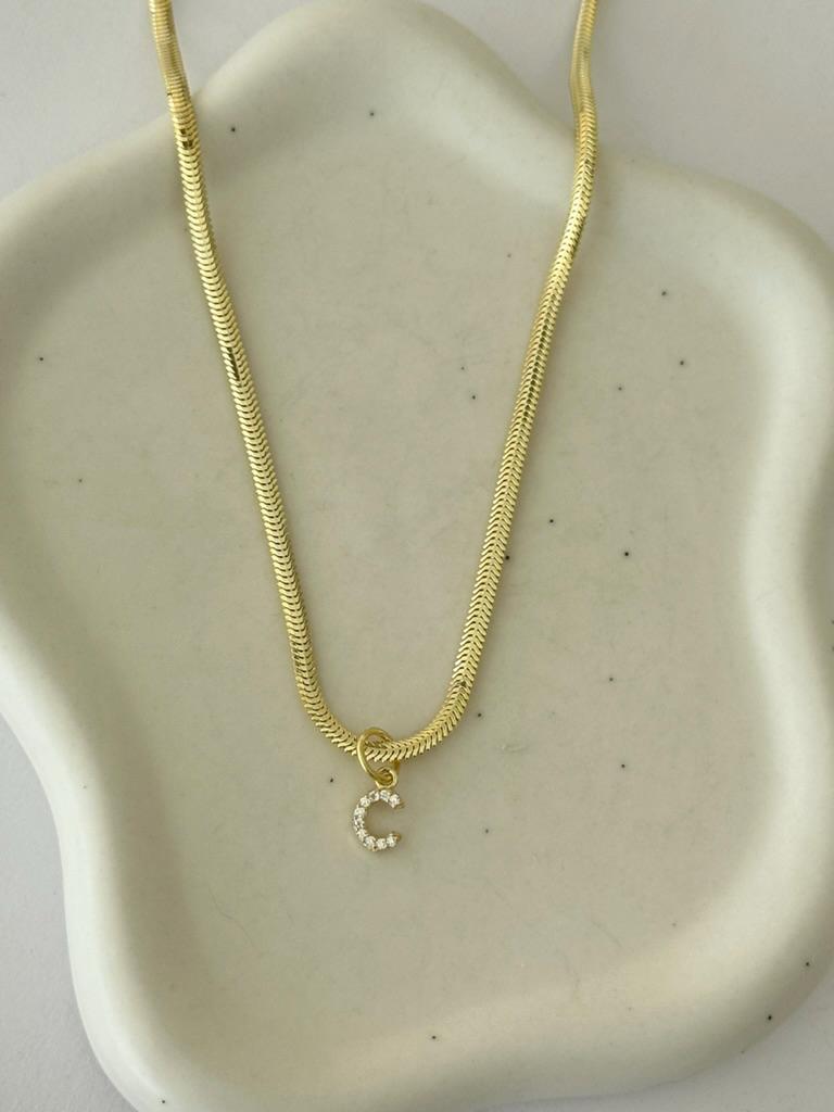 CZ Diamond Initial Necklace: 14k Gold Plated Sterling Silver Snake Chain Personalized Jewelry Gift