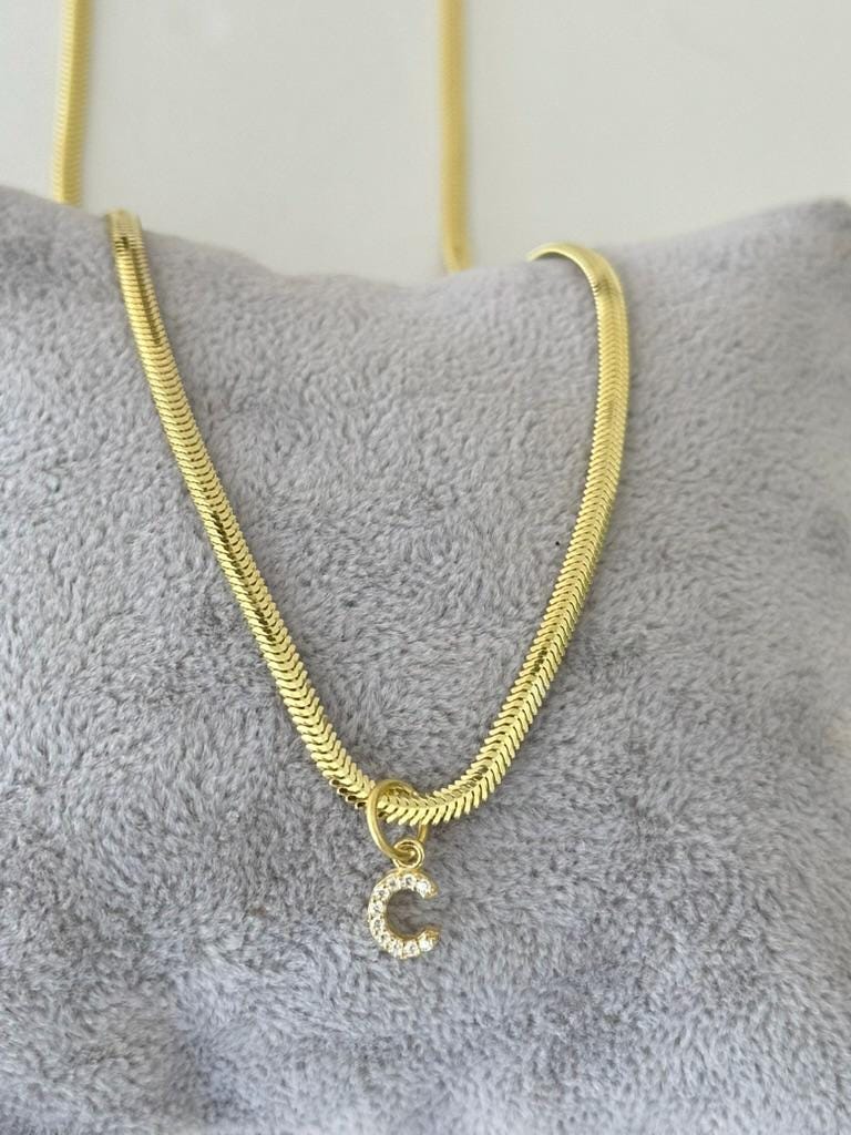 CZ Diamond Initial Necklace: 14k Gold Plated Sterling Silver Snake Chain Personalized Jewelry Gift