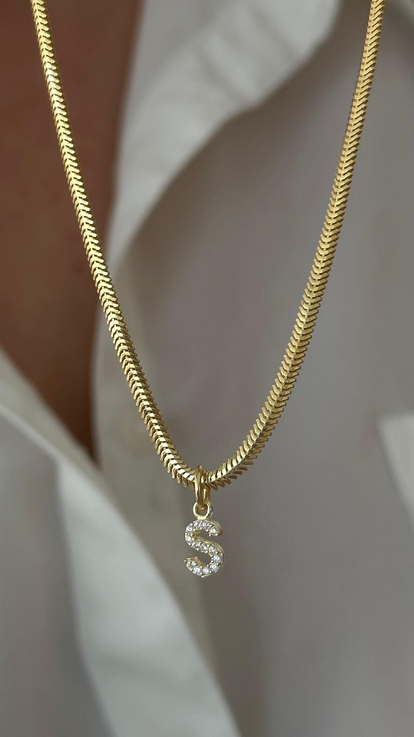 Custom initial necklace diamond letter pendant personalized jewelry 14k gold plated snake herringbone flat chain 925 sterling silver layering necklaces women