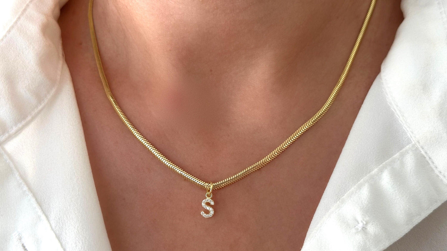 Initial Necklace, Pave Letter Pendant Necklace, CZ Stone, 14k Gold Snake Chain, Personalized Gift for Woman Girls, 925 Sterling Silver Jewelry