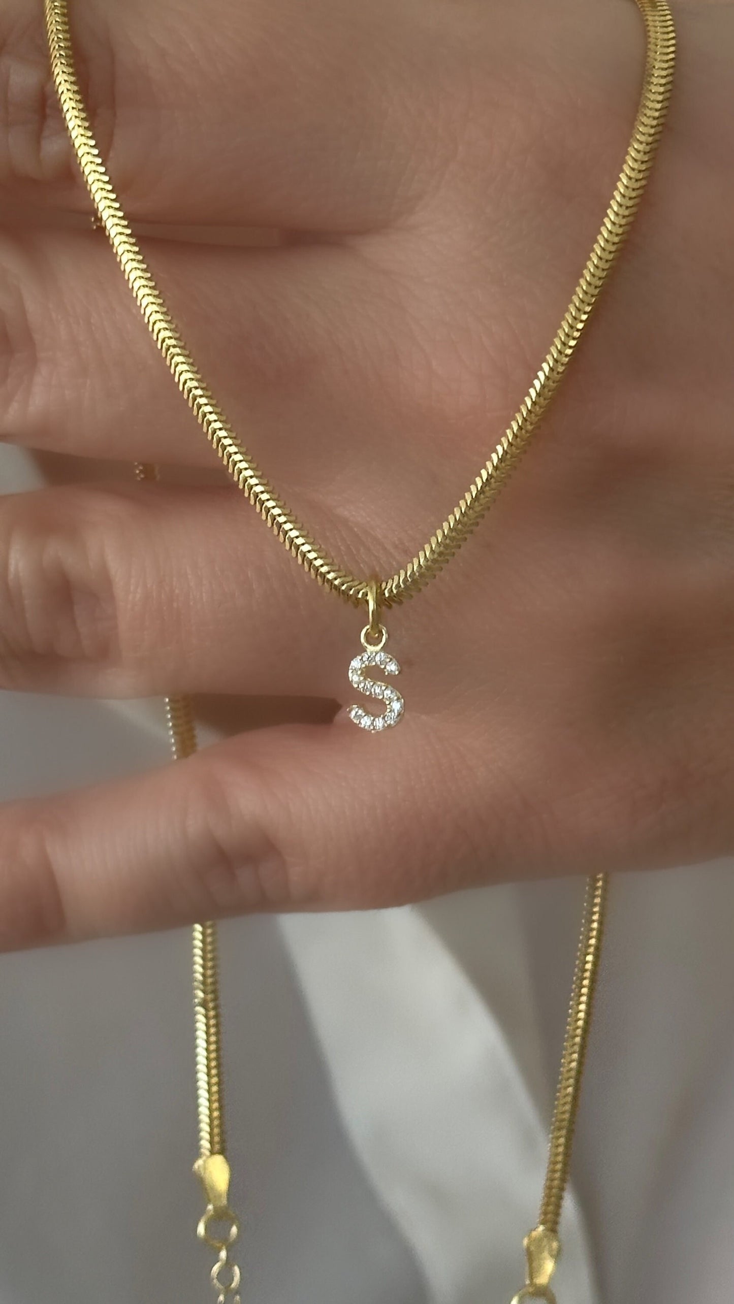 CZ Diamond Initial Necklace: 14k Gold Plated Sterling Silver Snake Chain Personalized Jewelry Gift