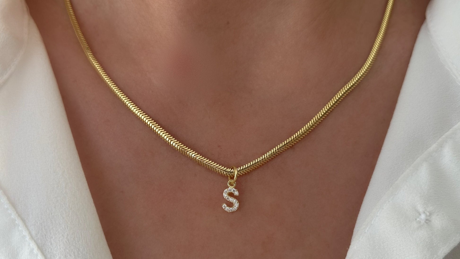 CZ Diamond Initial Necklace: 14k Gold Plated Sterling Silver Snake Chain Personalized Jewelry Gift