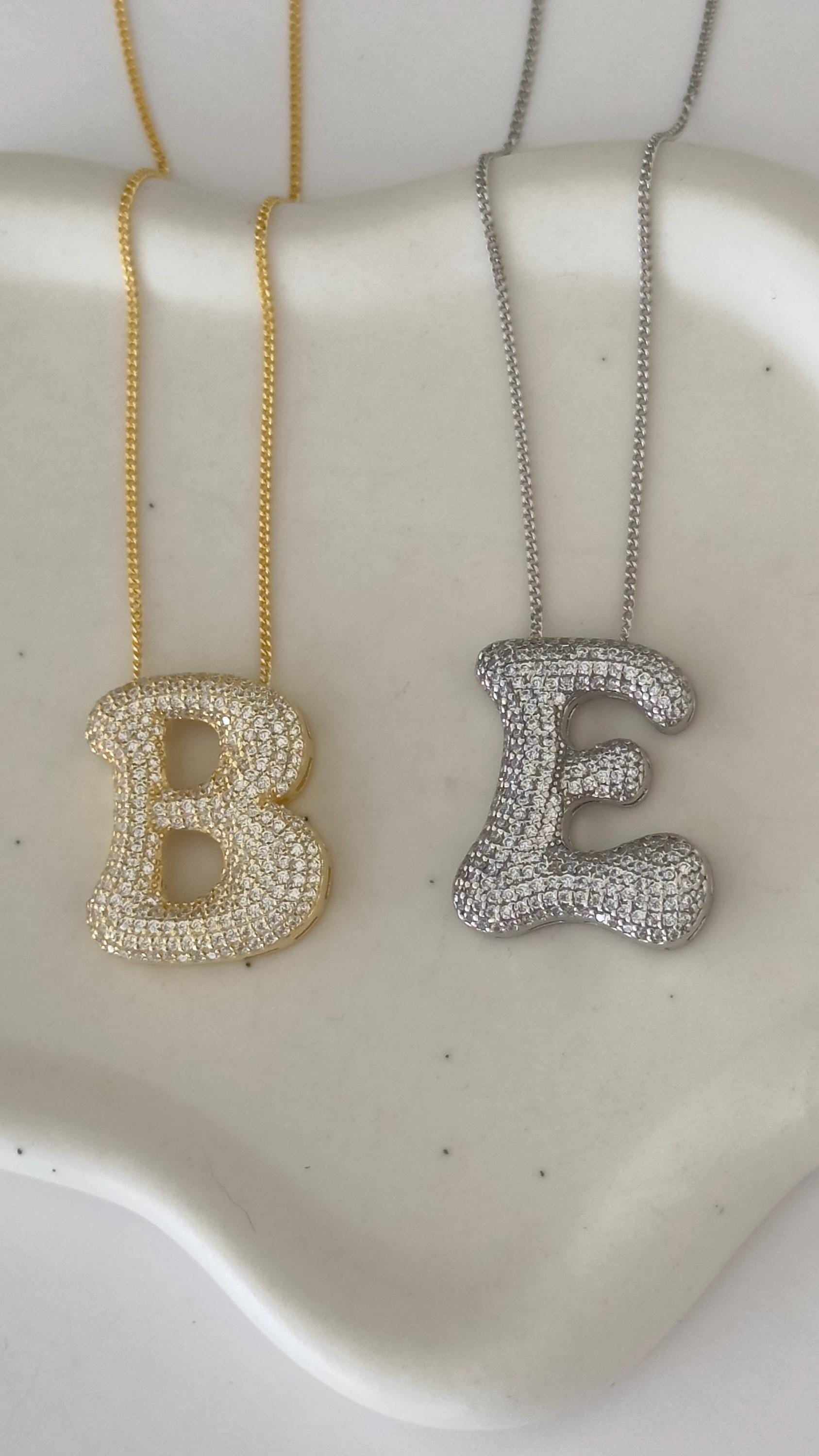 CZ Diamond Initial Pendant: Sterling Silver Bubble Letter Necklace