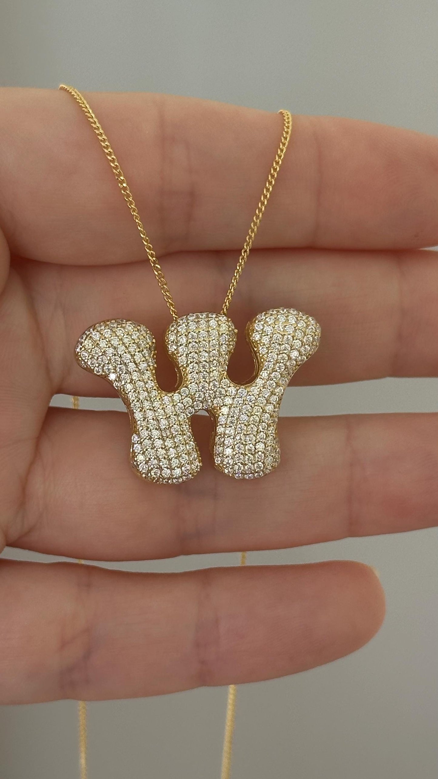 CZ Diamond Initial Pendant: Sterling Silver Bubble Letter Necklace