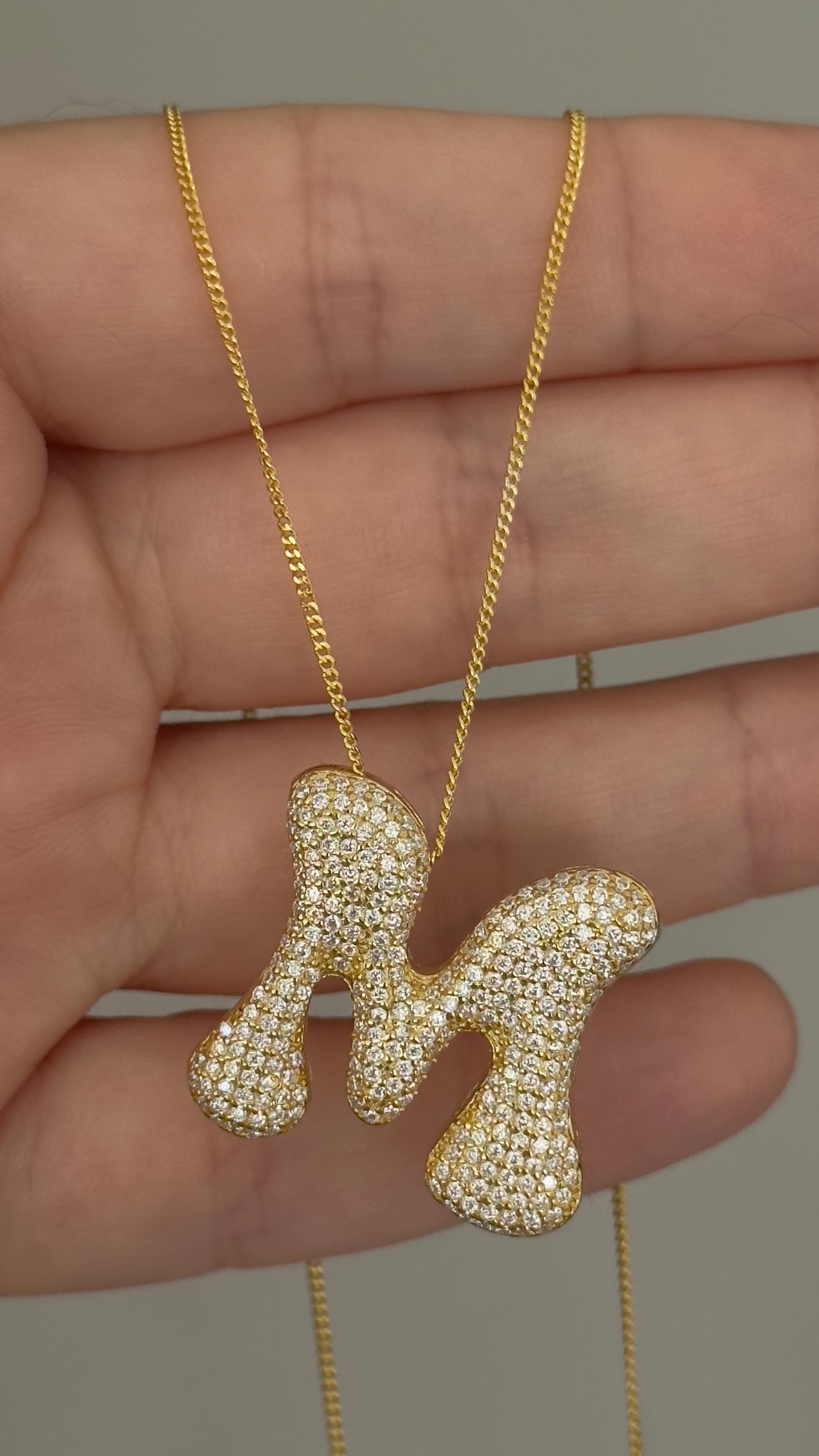 CZ Diamond Initial Pendant: Sterling Silver Bubble Letter Necklace