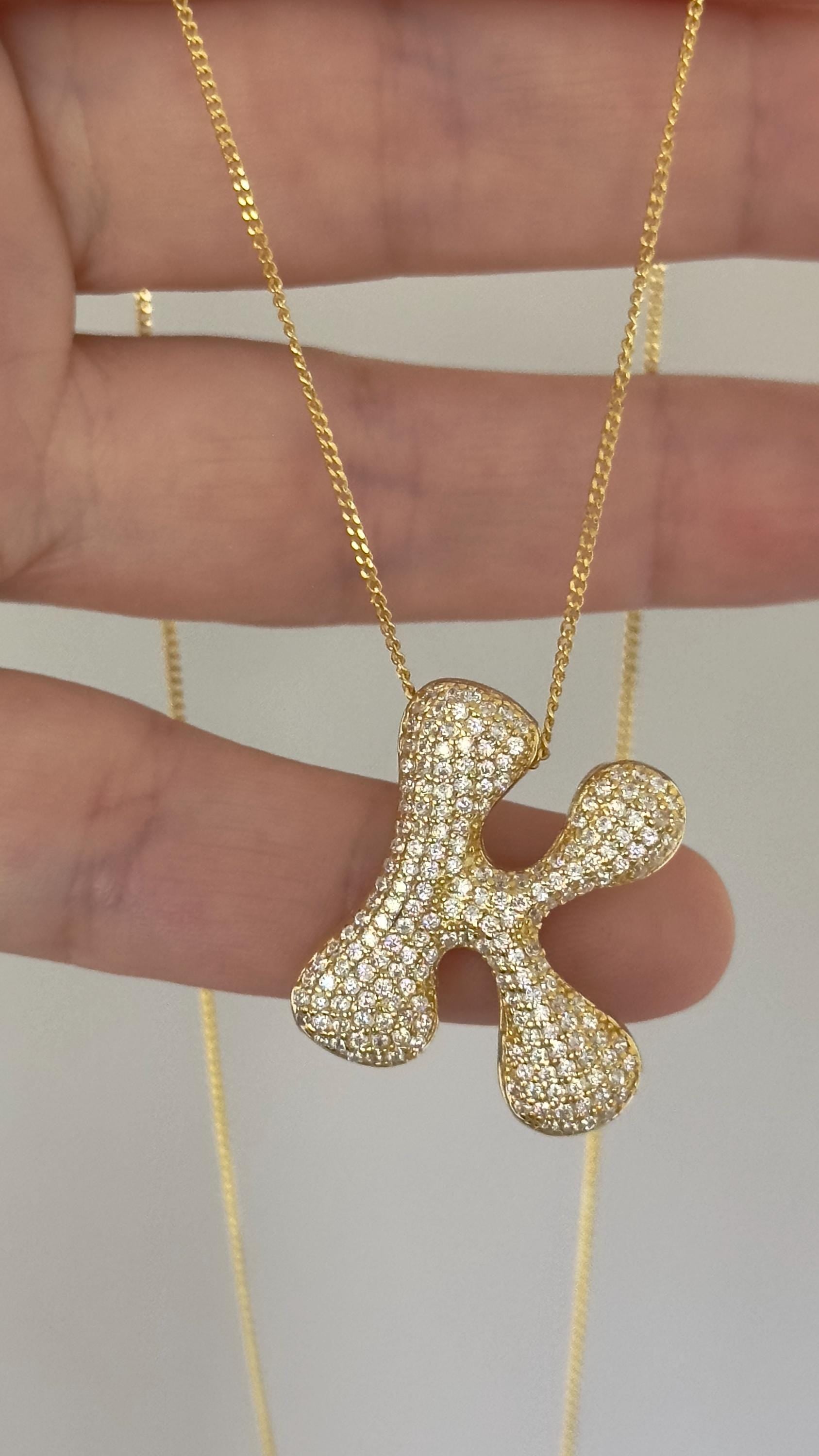 CZ Diamond Initial Pendant: Sterling Silver Bubble Letter Necklace