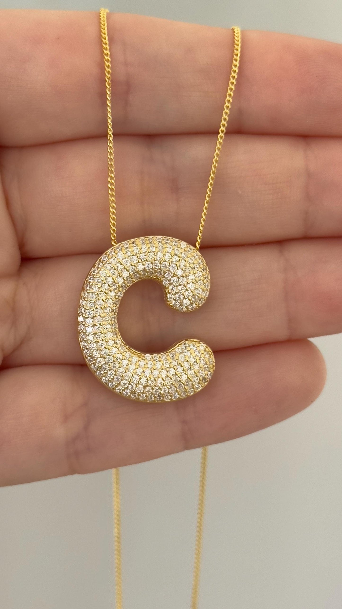CZ Diamond Initial Pendant: Sterling Silver Bubble Letter Necklace