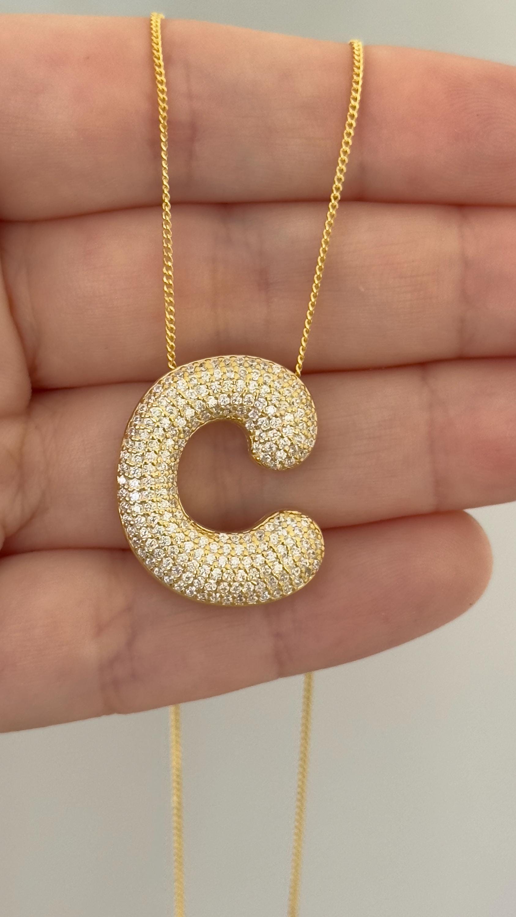 CZ Diamond Initial Pendant: Sterling Silver Bubble Letter Necklace