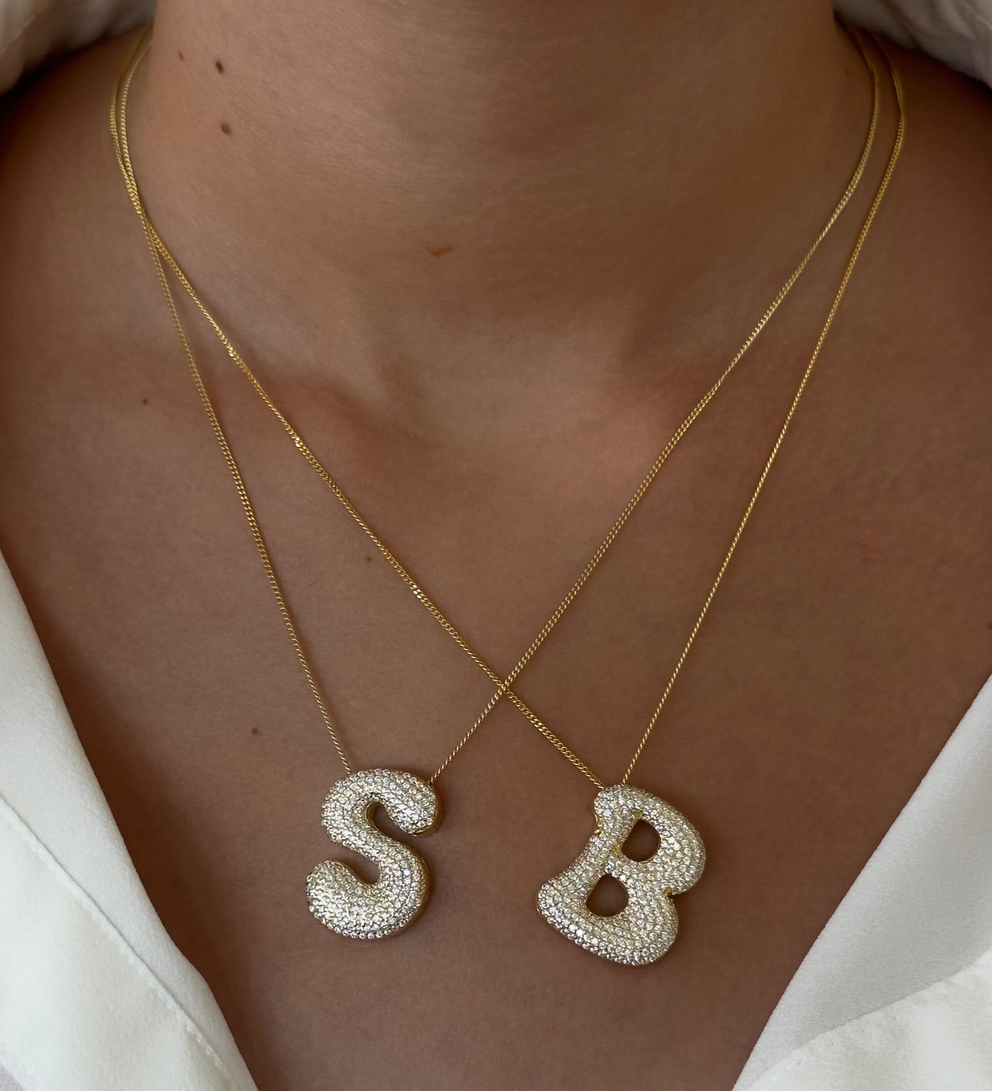 CZ Diamond Initial Pendant: Sterling Silver Bubble Letter Necklace