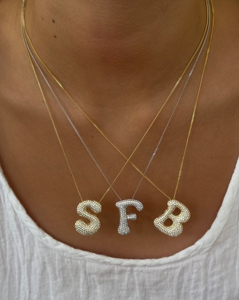 CZ Diamond Initial Pendant: Sterling Silver Bubble Letter Necklace