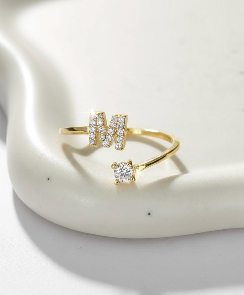 14K gold-plated adjustable diamond initial M ring featuring a sparkling CZ solitaire gemstone ‚Äîpersonalized jewelry gift for girlfriend, wife, bridesmaid, daughter, or sister.