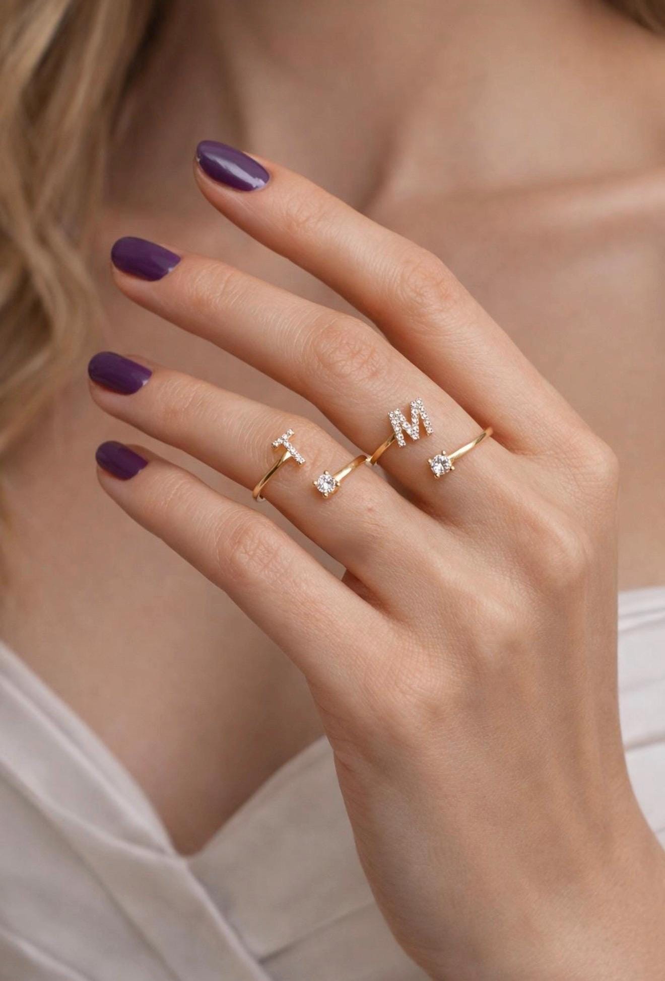 CZ Diamond Initial Ring ‚Äì 14k Gold Plated Personalized Letter Jewelry