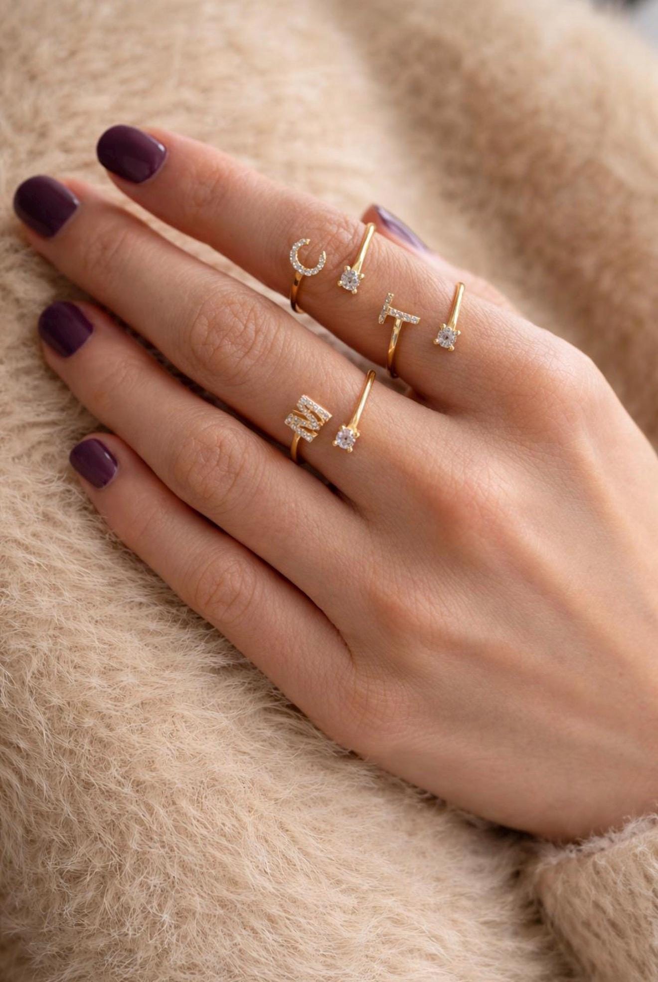CZ Diamond Initial Ring ‚Äì 14k Gold Plated Personalized Letter Jewelry