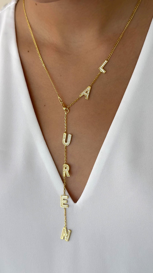 14K Gold Name Necklace, Lariat Necklace, Diamond Necklace, Long Y Drop Necklace, Custom necklace, initial necklace, letter necklace, Gifts for Women, Gift for her, Personalized Jewelry, custom jewelry, handmade jewelry, 925 sterling silver, gift for mom, gift for wife, gift for girlfriend