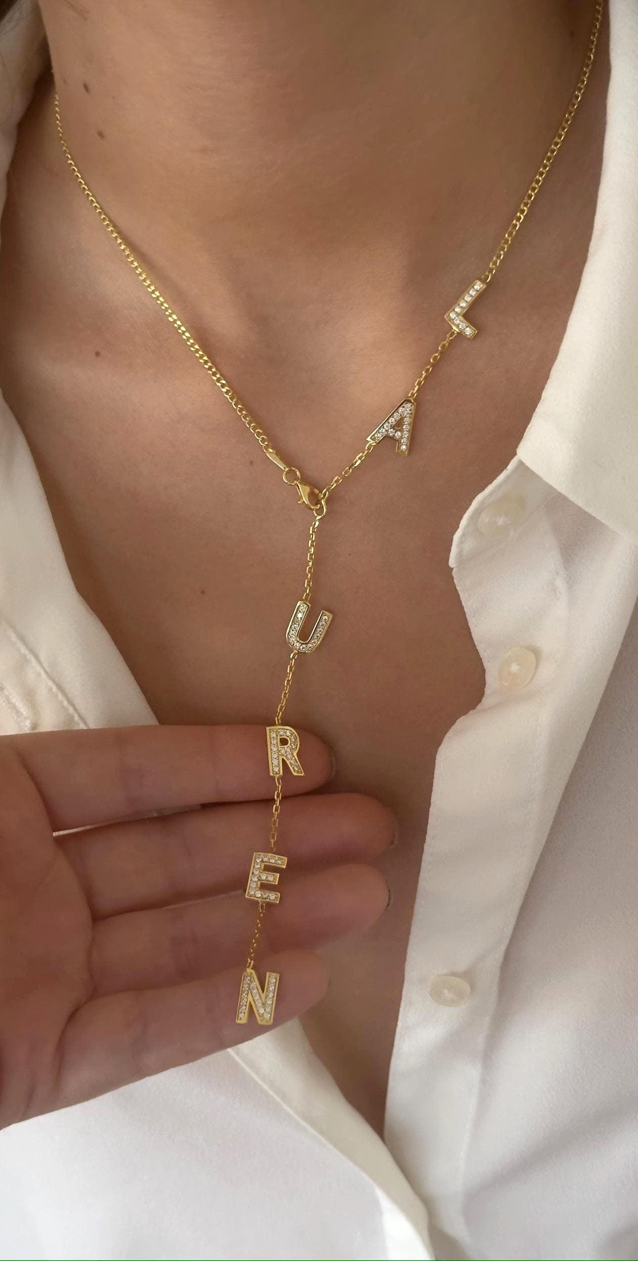 Elegant personalized lariat necklace with sparkling CZ diamond letters on 14K gold plated sterling silver chain, handmade by Shineliz