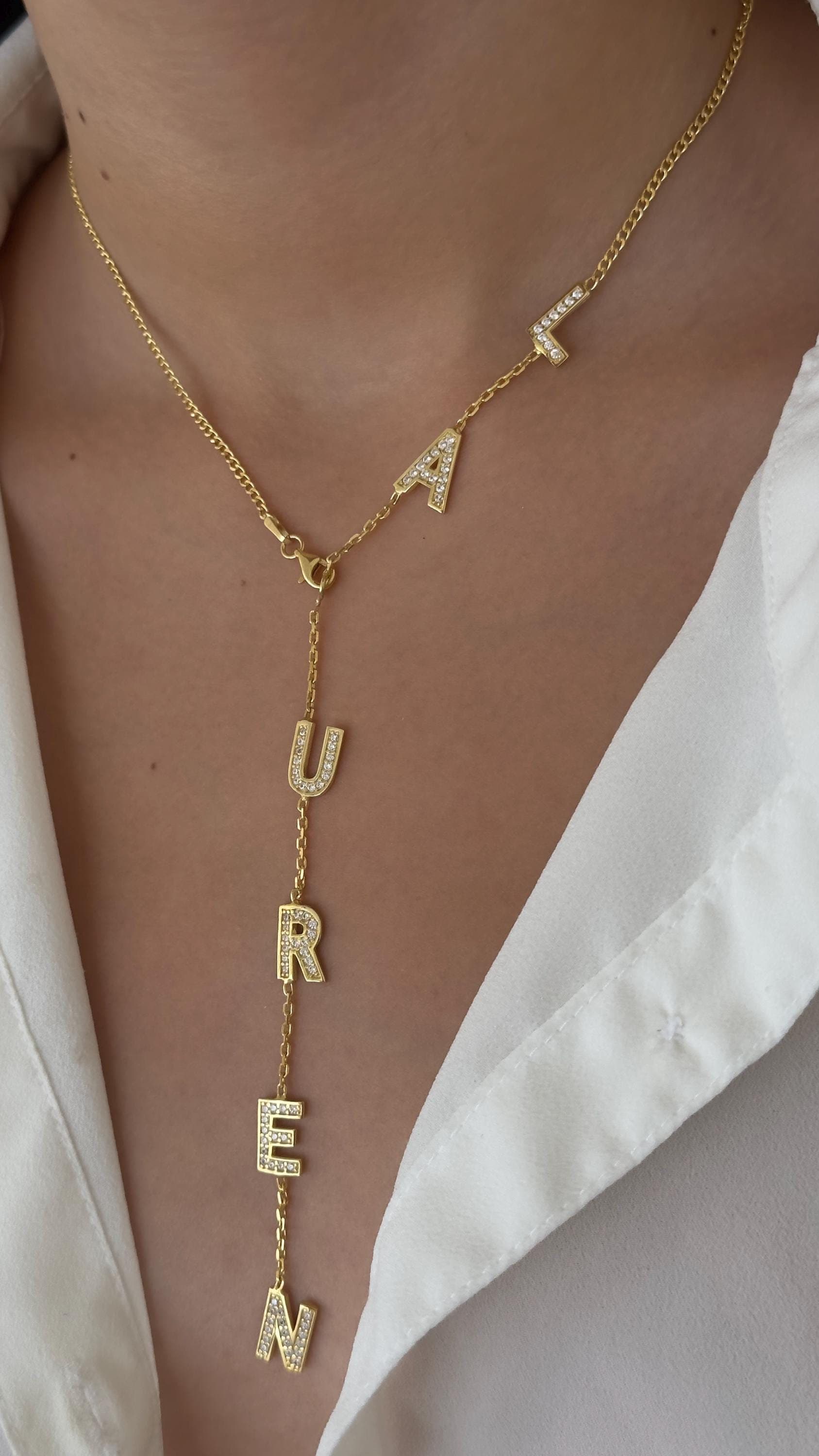 CZ Diamond Lariat Name Necklace, Sterling Silver Initial Pendant