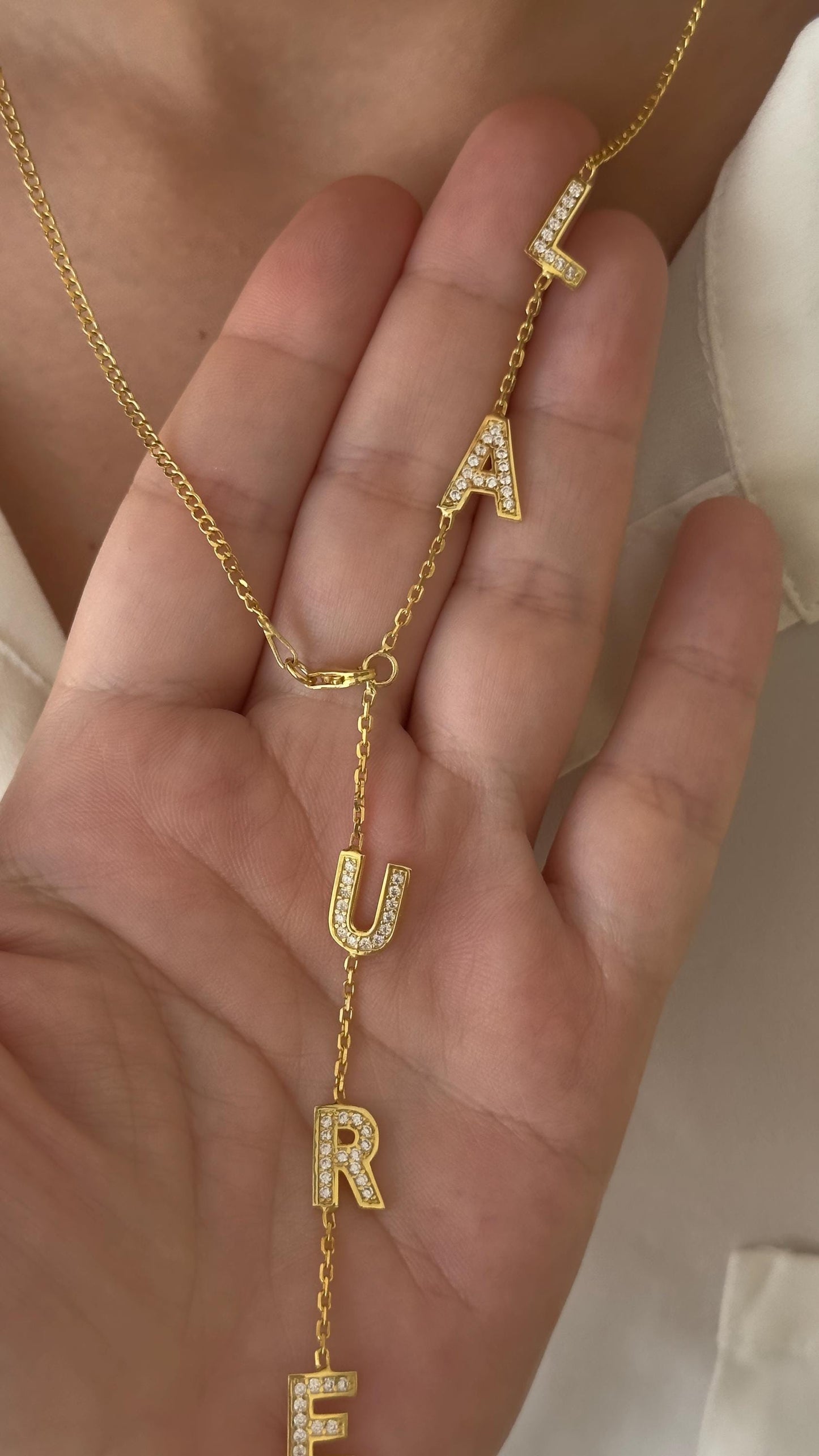 14K rose gold plated sterling silver Y-drop necklace with shimmering CZ name pendant, handmade Shineliz jewelry gift for her.