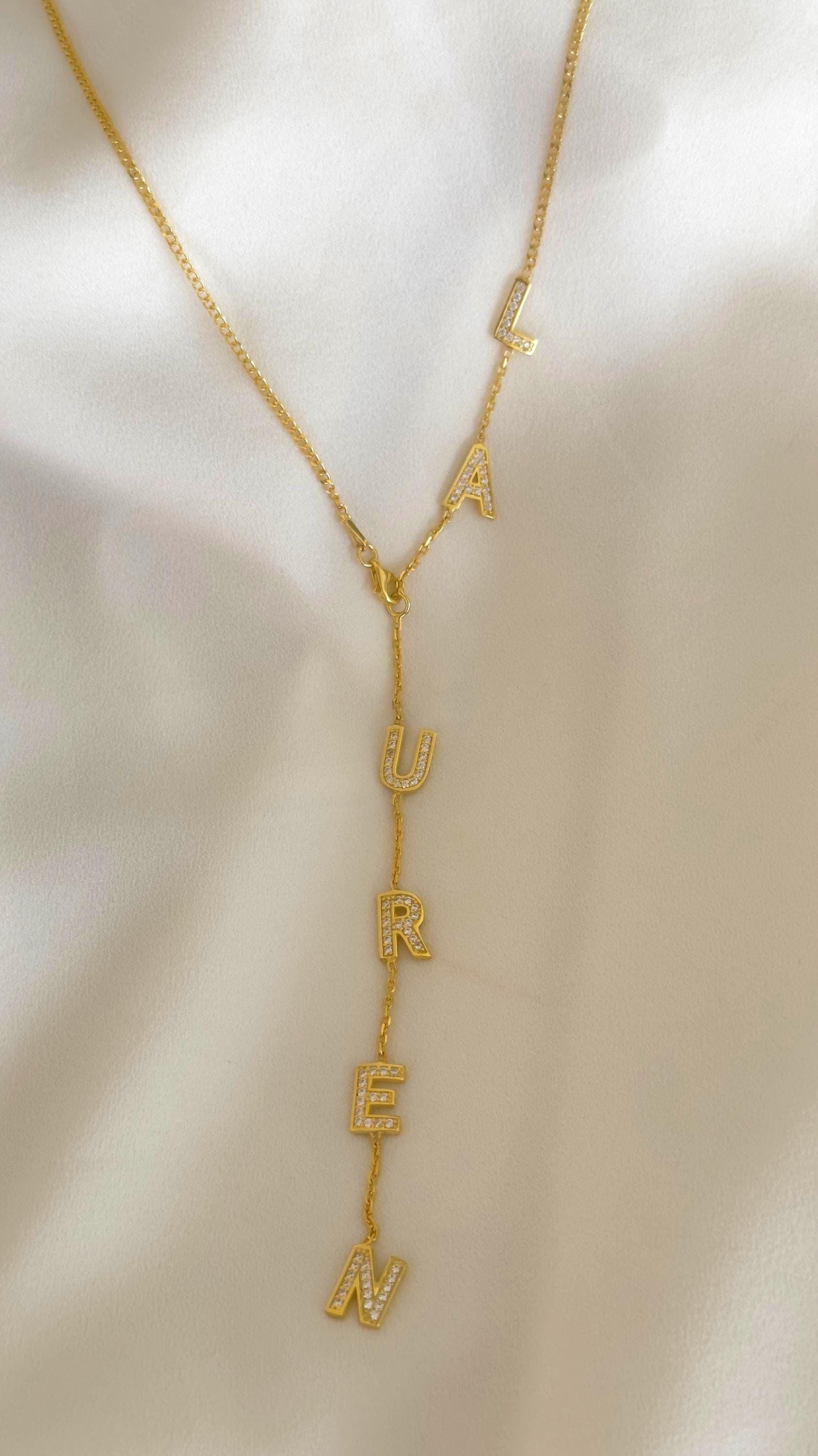 Custom Y-shape drop necklace in silver with clear CZ gemstone letters, dainty and elegant personalized jewelry for women.