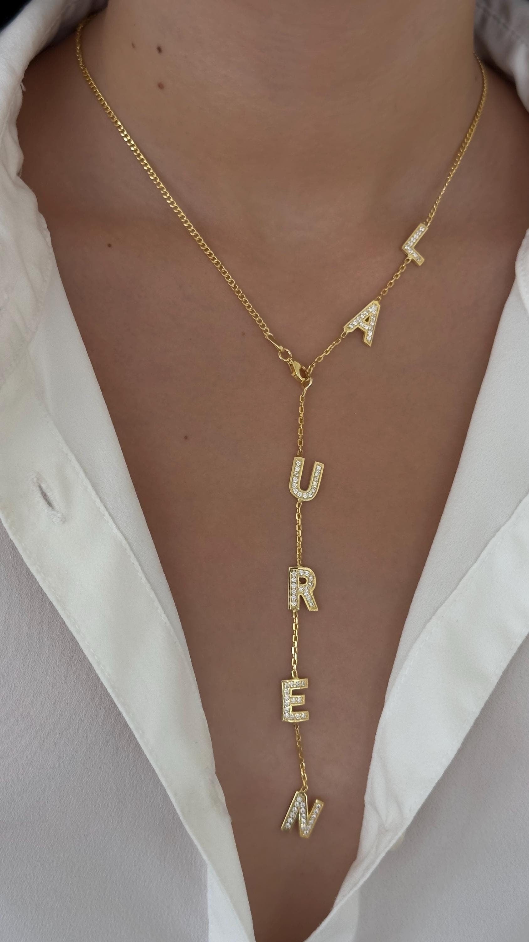 Custom diamond lariat name necklace with CZ initials on 14K gold plated 925 sterling silver chain, handmade Shineliz jewelry.