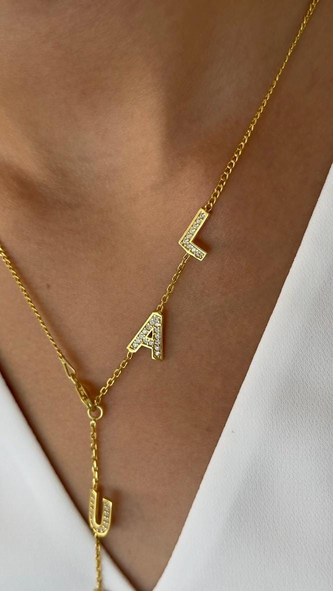 Close-up of thin curb chain diamond name lariat necklace, handcrafted 925 sterling silver Shineliz design.