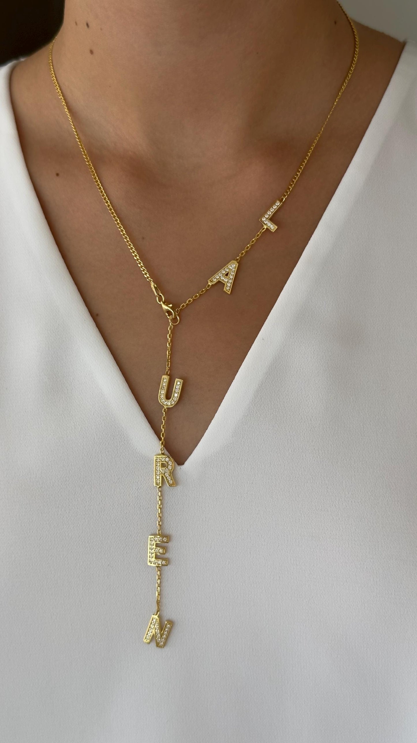 CZ Diamond Lariat Name Necklace, Sterling Silver Initial Pendant
