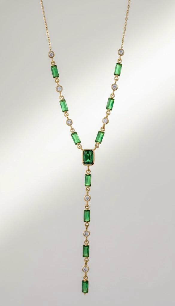 Emerald green CZ lariat necklace in sterling silver
