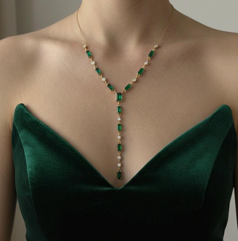 Sterling silver lariat necklace with CZ gemstone Y drop Emerald Baguette cut Diamond