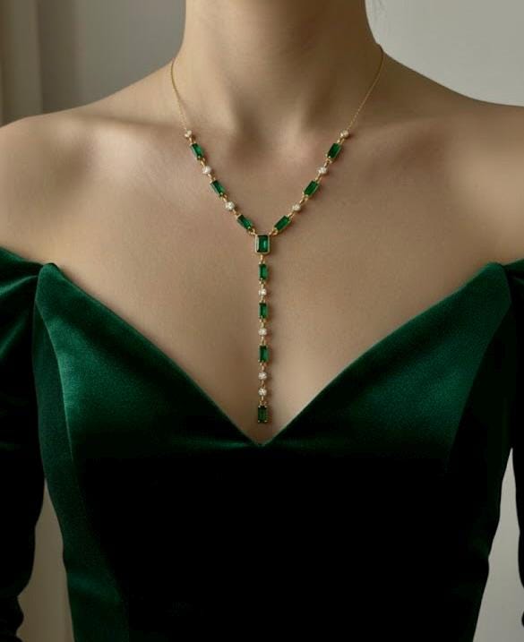 14K gold plated lariat necklace with cubic zirconia stone details