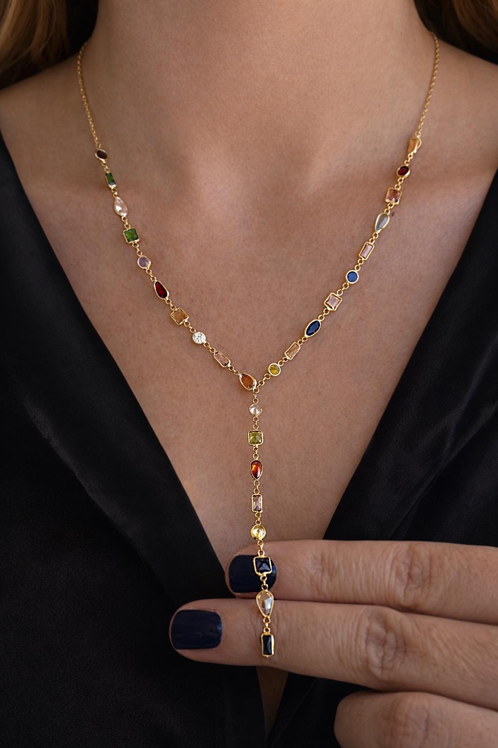 Delicate Lariat Necklace for Women, Multicolor CZ Gemstone  Necklace, Drop Y-Shape Necklace, Long Y Necklace, Birthday Gift for her, Solid 925 Sterling Silver 14K Gold-Plated.
