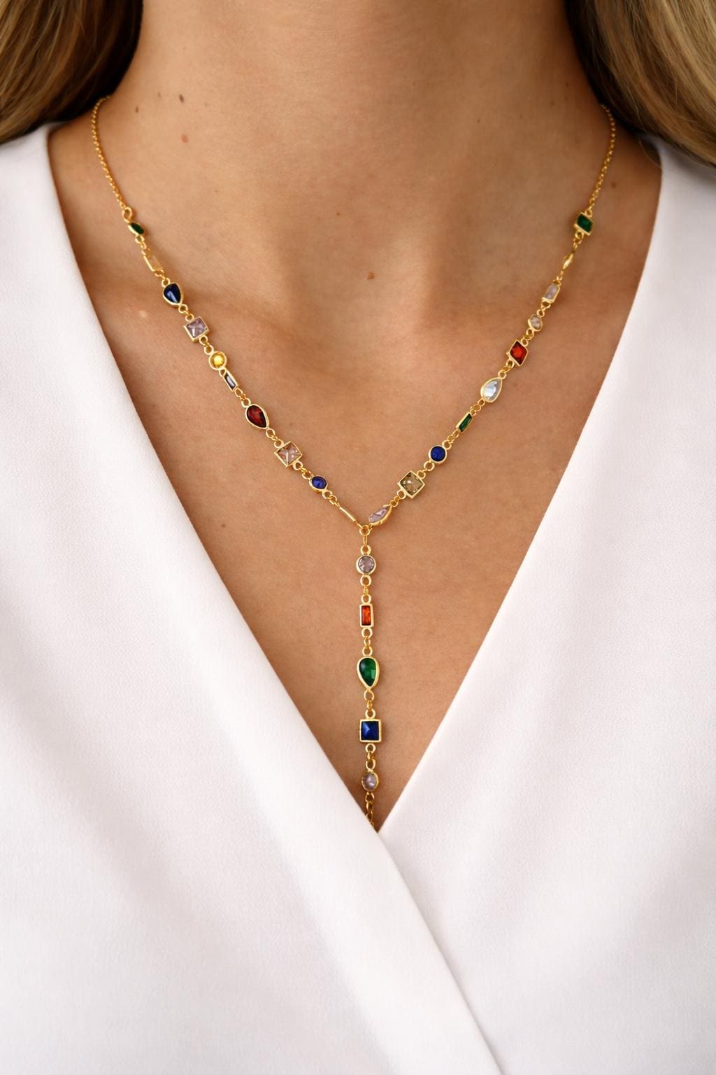 Delicate Lariat Necklace for Women, Multicolor CZ Gemstone  Necklace, Drop Y-Shape Necklace, Long Y Necklace, Birthday Gift for her, Solid 925 Sterling Silver 14K Gold-Plated.
