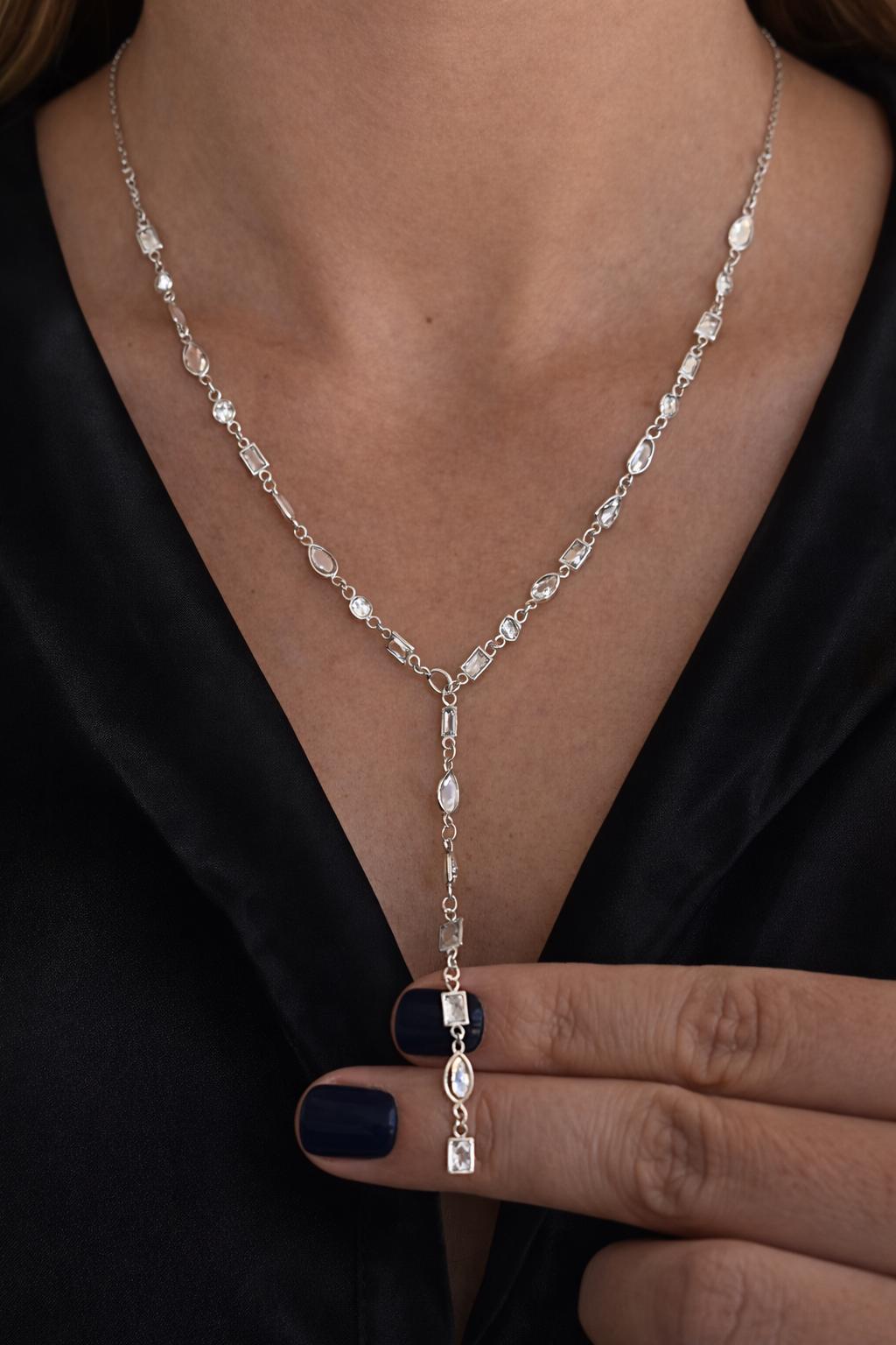 CZ Gemstone Lariat Necklace, 14k Gold Plated Sterling Silver Y Drop