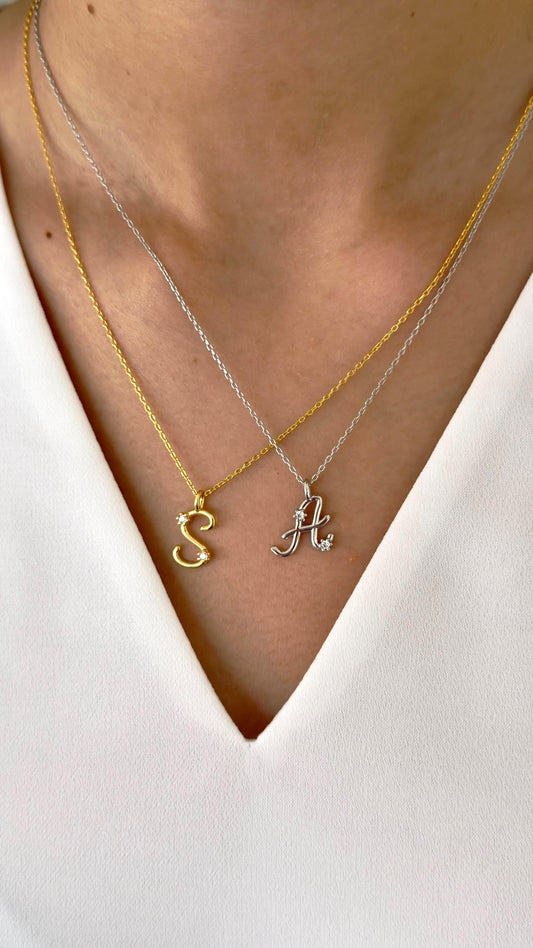 Initial necklace in 925 sterling silver with CZ solitaire