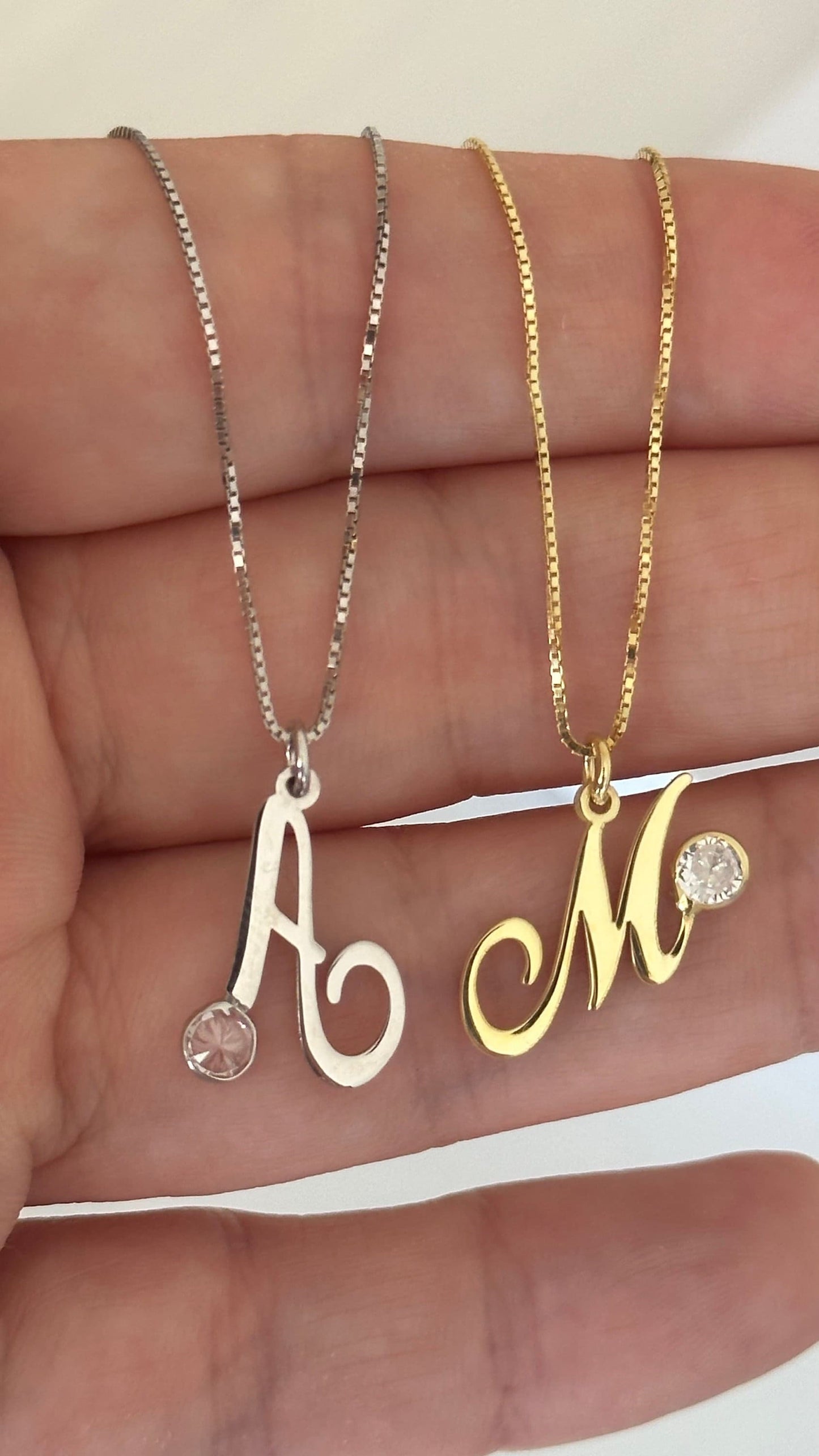 Initial letter pendant necklace with CZ stone in 14K gold plated 925 sterling silver, personalized handmade jewelry by Shineliz.