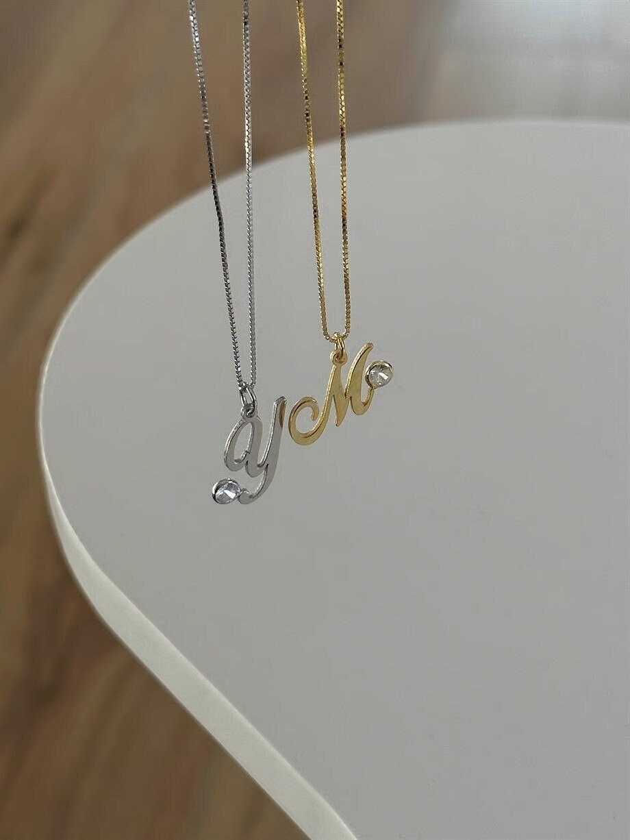 CZ Initial Pendant Necklace: 14k Gold Plated Sterling Silver Minimalist Layering Jewelry