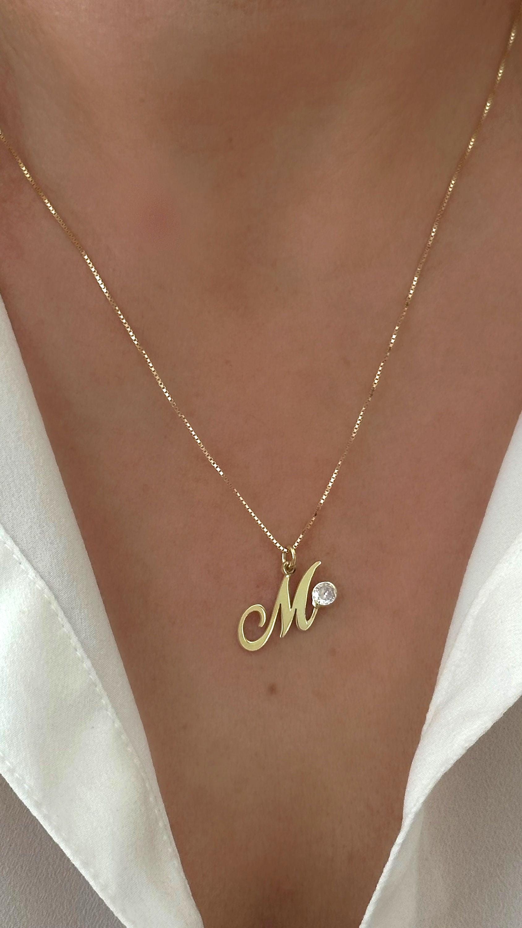 CZ Initial Pendant Necklace: 14k Gold Plated Sterling Silver Minimalist Layering Jewelry