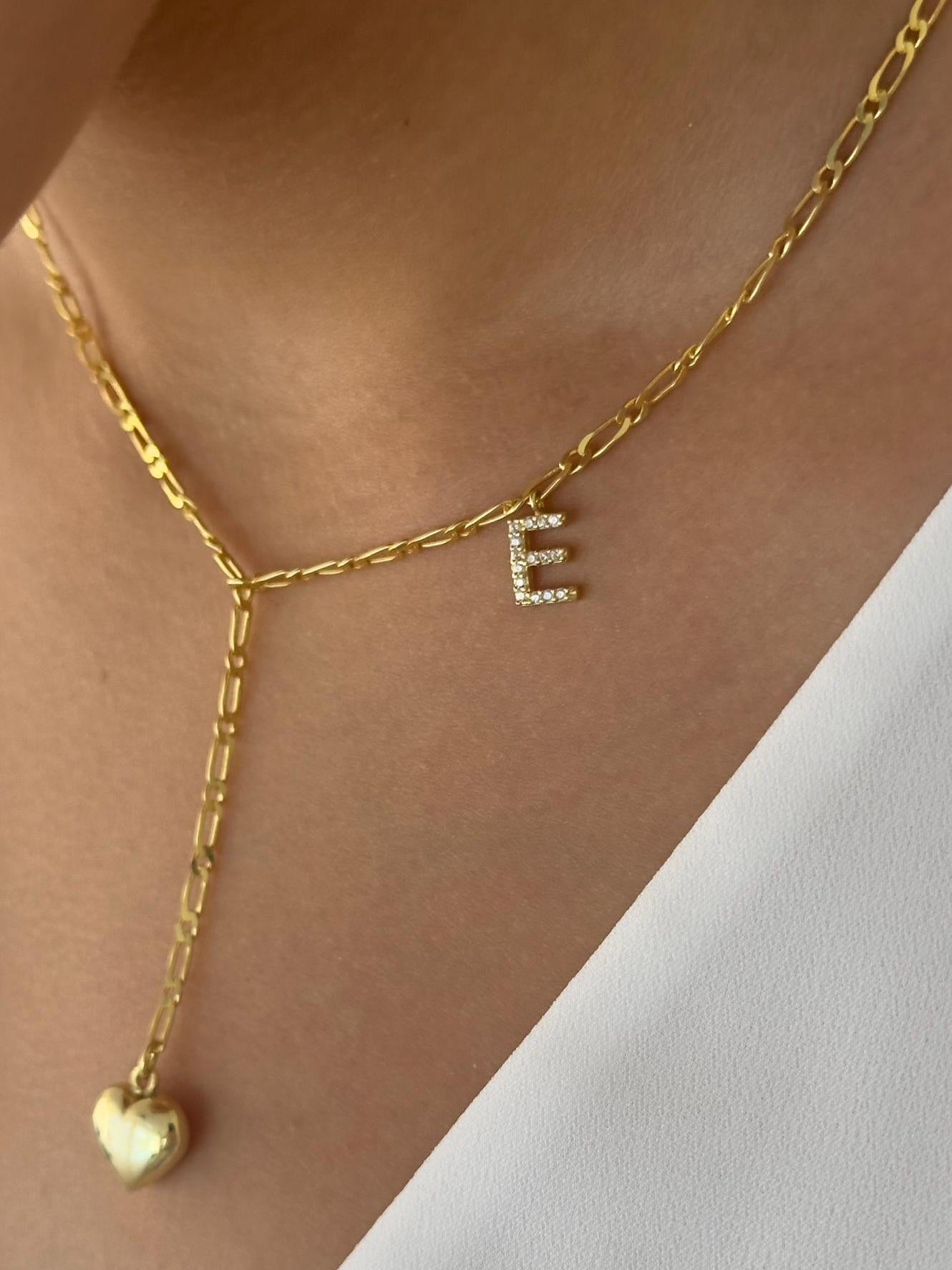 Lariat Necklace, Mini Puffy 3D Heart Pendant Charm, CZ Diamond Initial letter Adjustable Lariat Necklace,  Long Y Shaped Drop Necklaceb,Layering Jewelry Personalized Gift for Women Girls