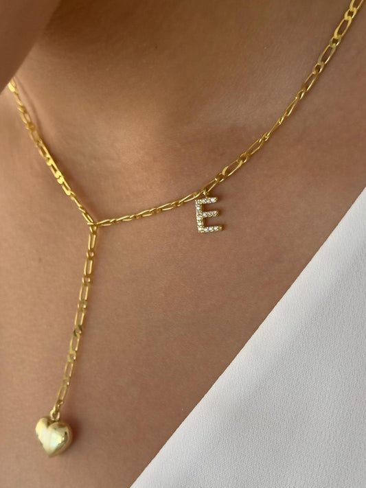 Lariat Necklace, Mini Puffy 3D Heart Pendant Charm, CZ Diamond Initial letter Adjustable Lariat Necklace,  Long Y Shaped Drop Necklaceb,Layering Jewelry Personalized Gift for Women Girls