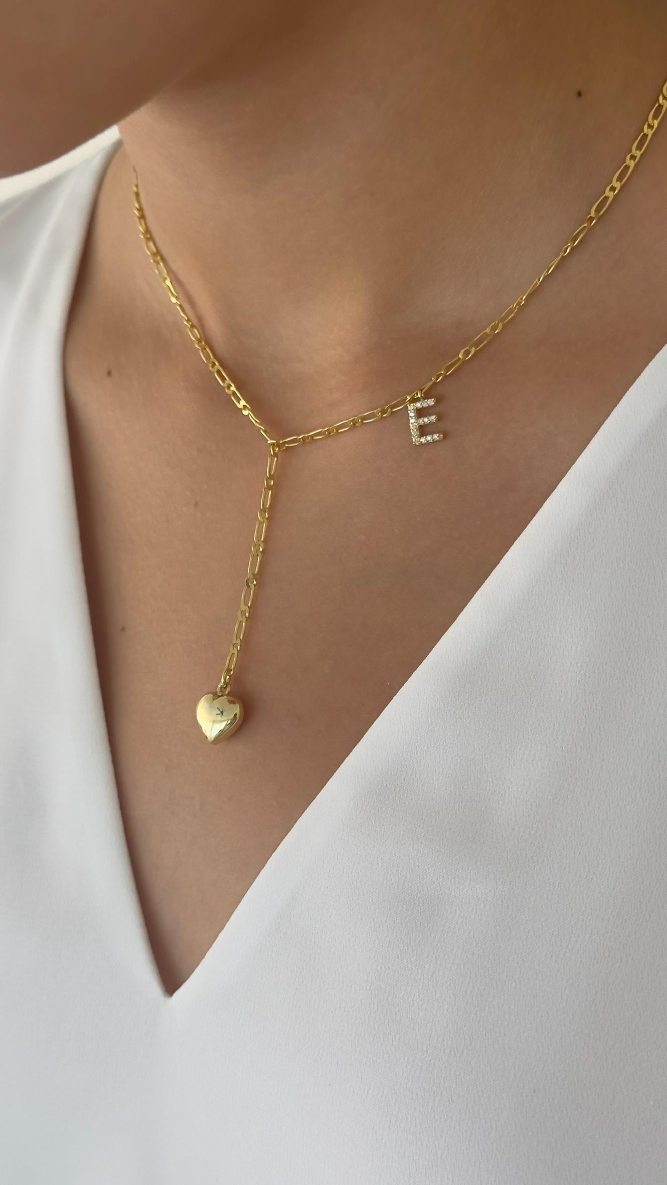 Lariat Necklace, Mini Puffy Heart, CZ Initial Adjustable Lariat Necklace, Y Shaped Drop Necklace Long Layering Jewelry, Personalized Gift, Custom Necklace, Custom Jewelry, Personalized Jewelry, Handmade Jewelry, Initial Necklace, Letter necklace, Gift for her, Gifts for women, gift for girlfriend, Heart Jewelry