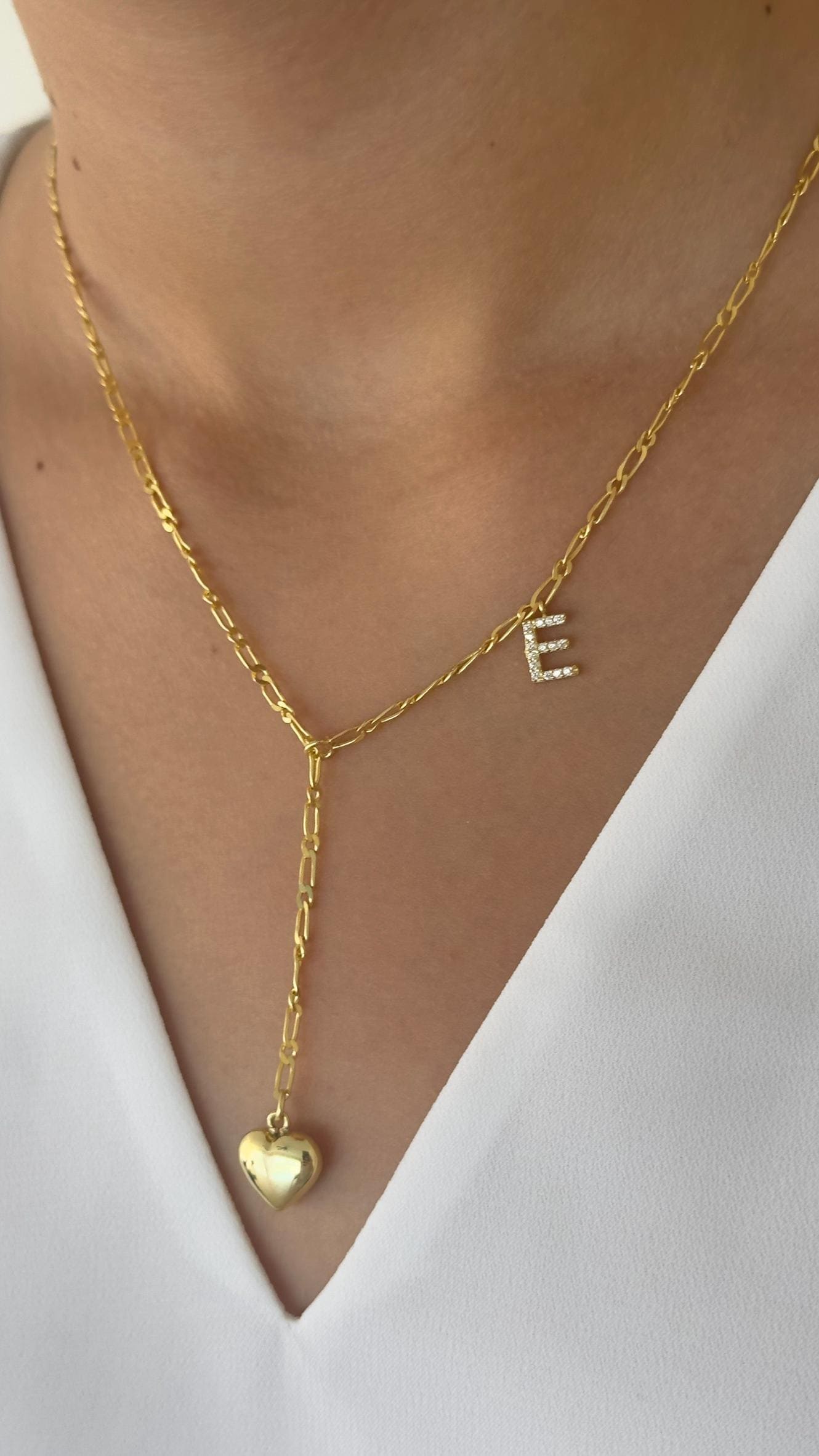 CZ Initial Sterling Silver Lariat Necklace: Heart Pendant, Personalized Jewelry