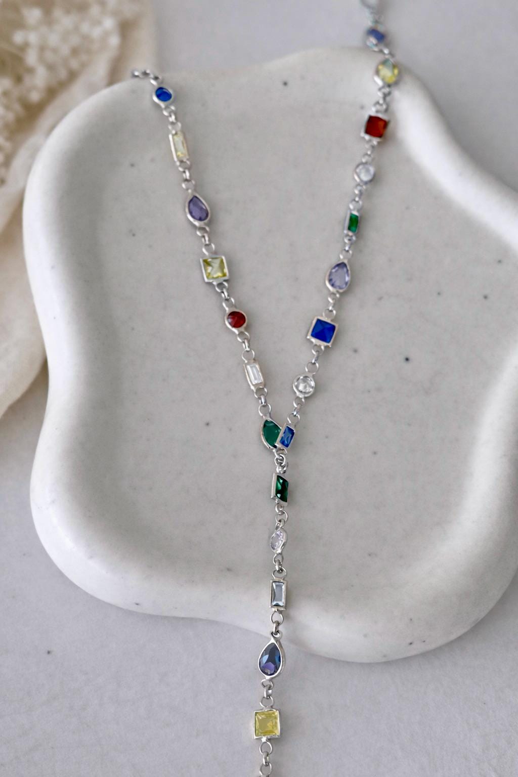 CZ Lariat Necklace, 14k Gold Plated Sterling Silver, Multicolor Gemstone