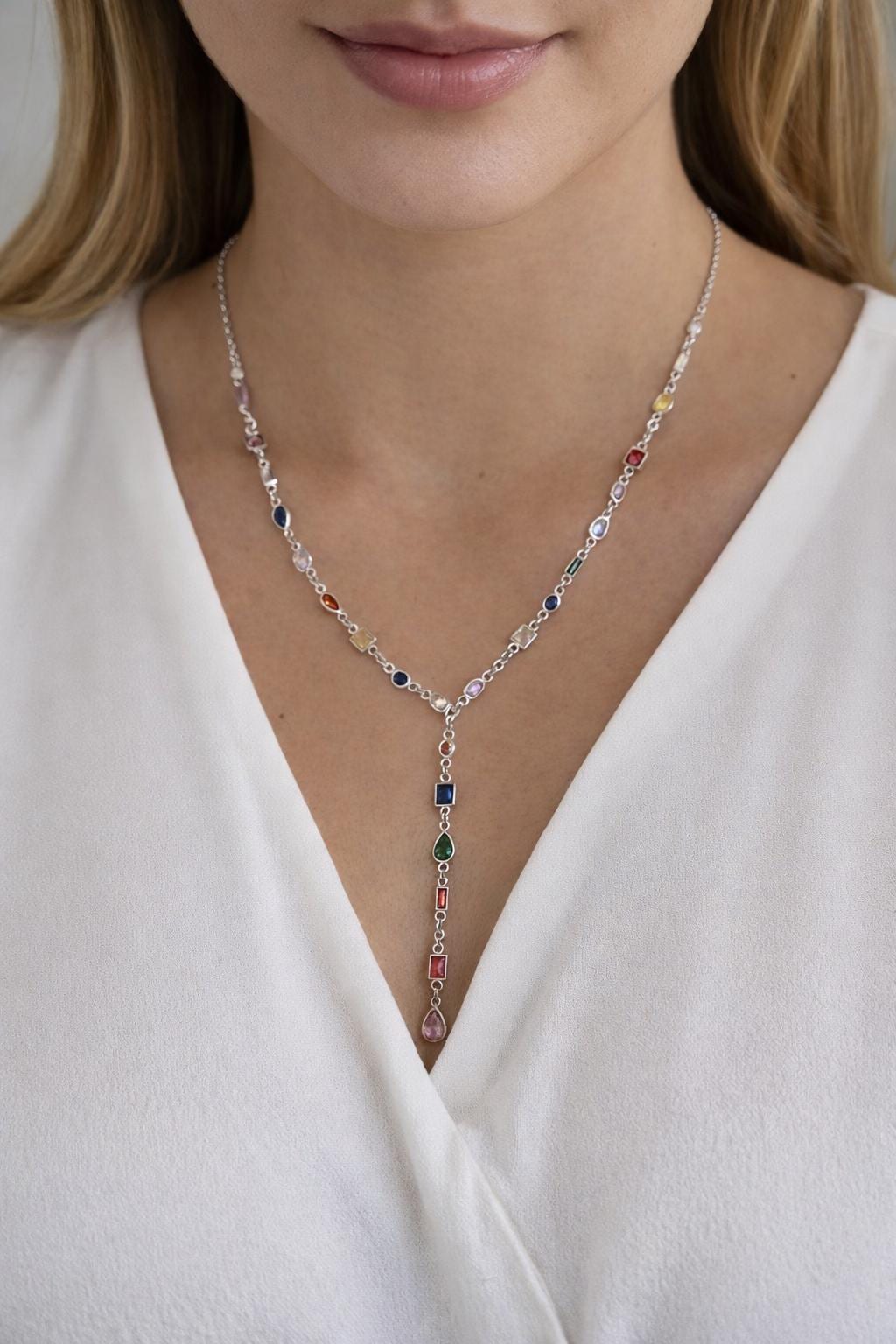 CZ Lariat Necklace, 14k Gold Plated Sterling Silver, Multicolor Gemstone