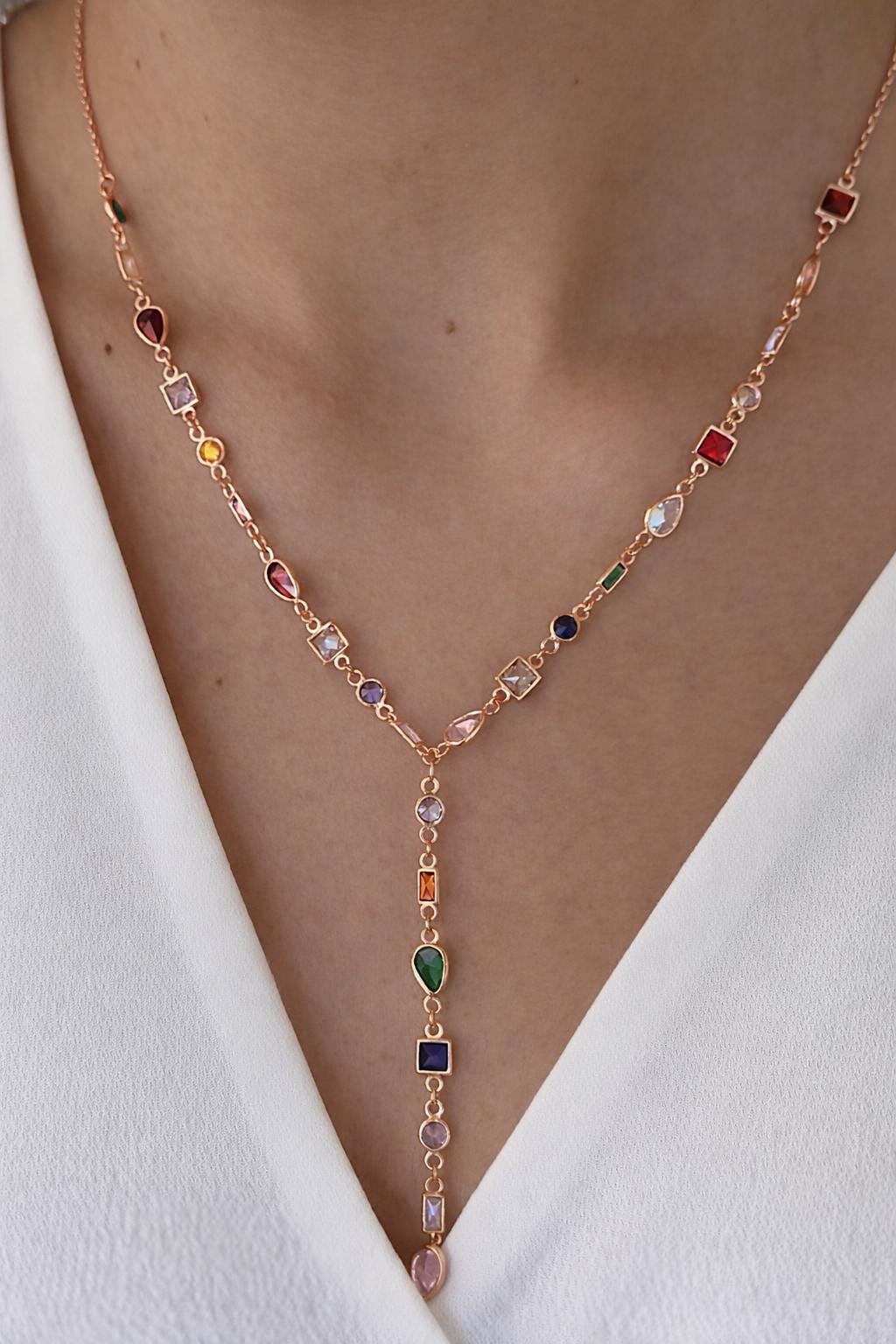 CZ Lariat Necklace, 14k Gold Plated Sterling Silver, Multicolor Gemstone