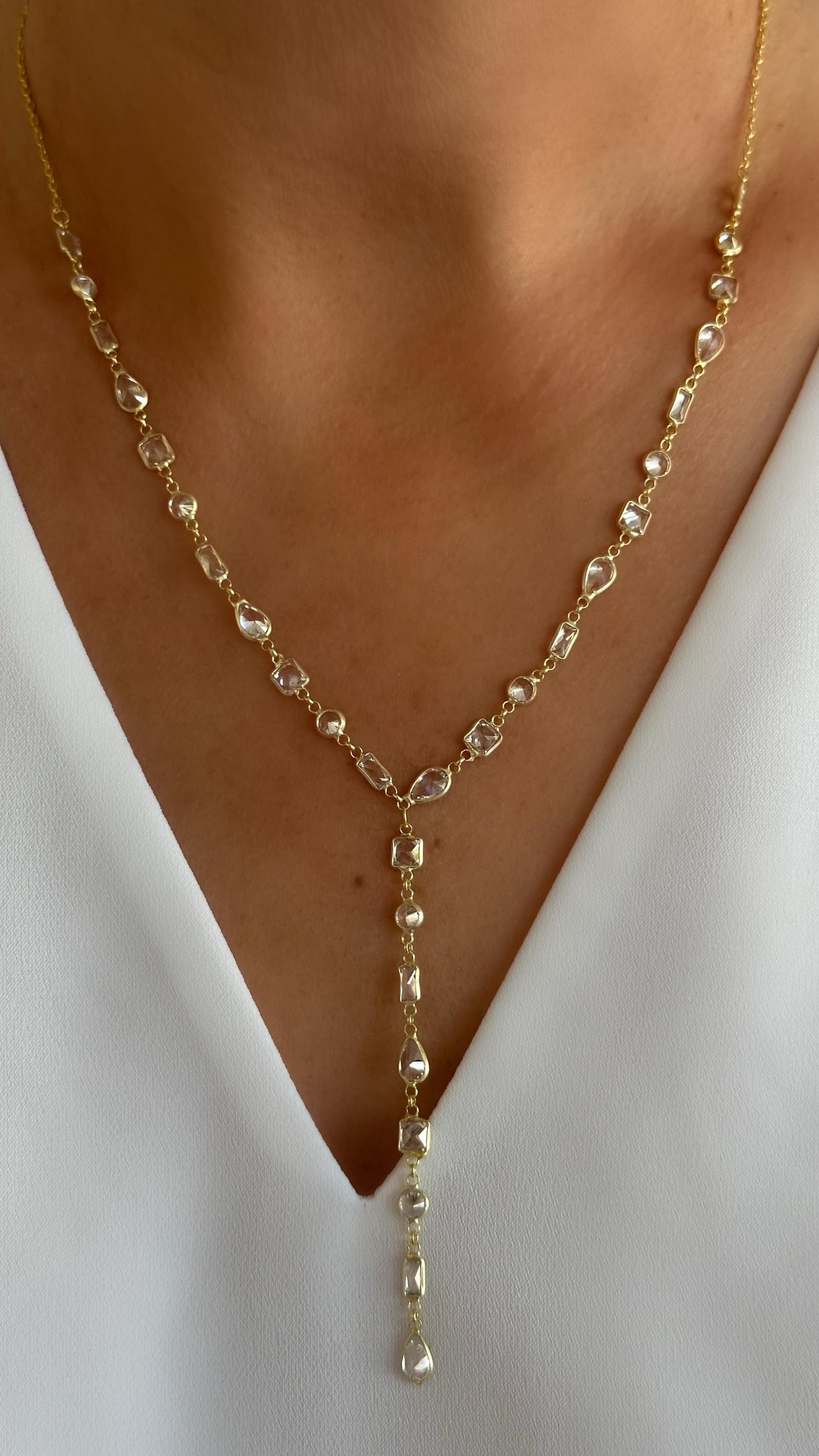 CZ Lariat Necklace, 14k Gold Plated Sterling Silver, Multicolor Gemstone