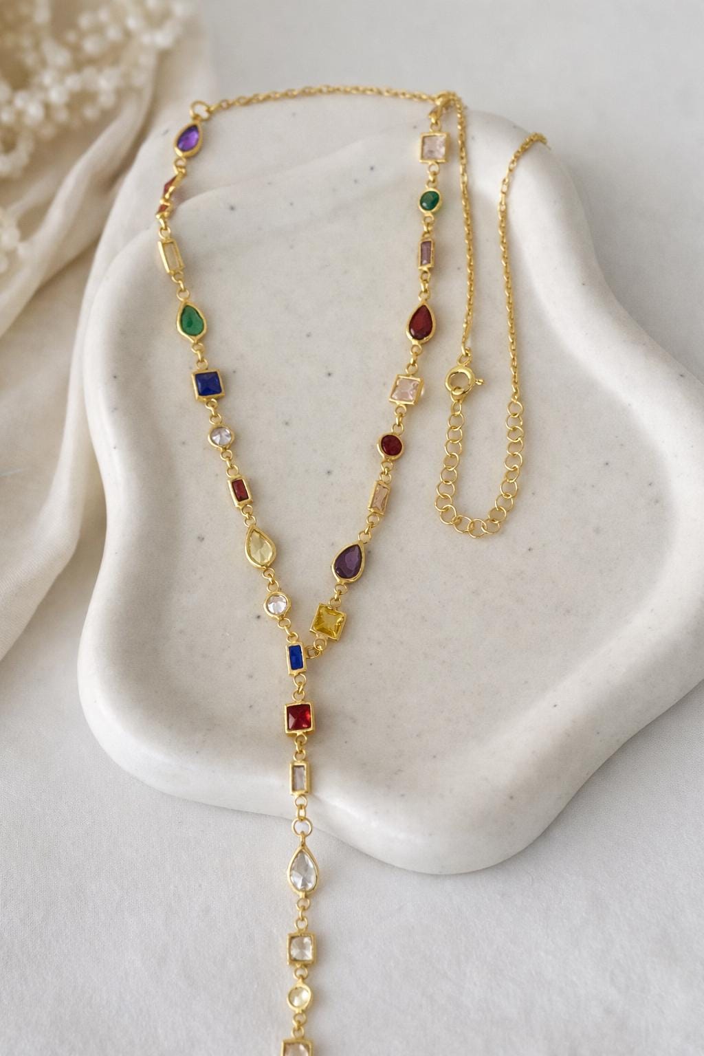 CZ Lariat Necklace, 14k Gold Plated Sterling Silver, Multicolor Gemstone