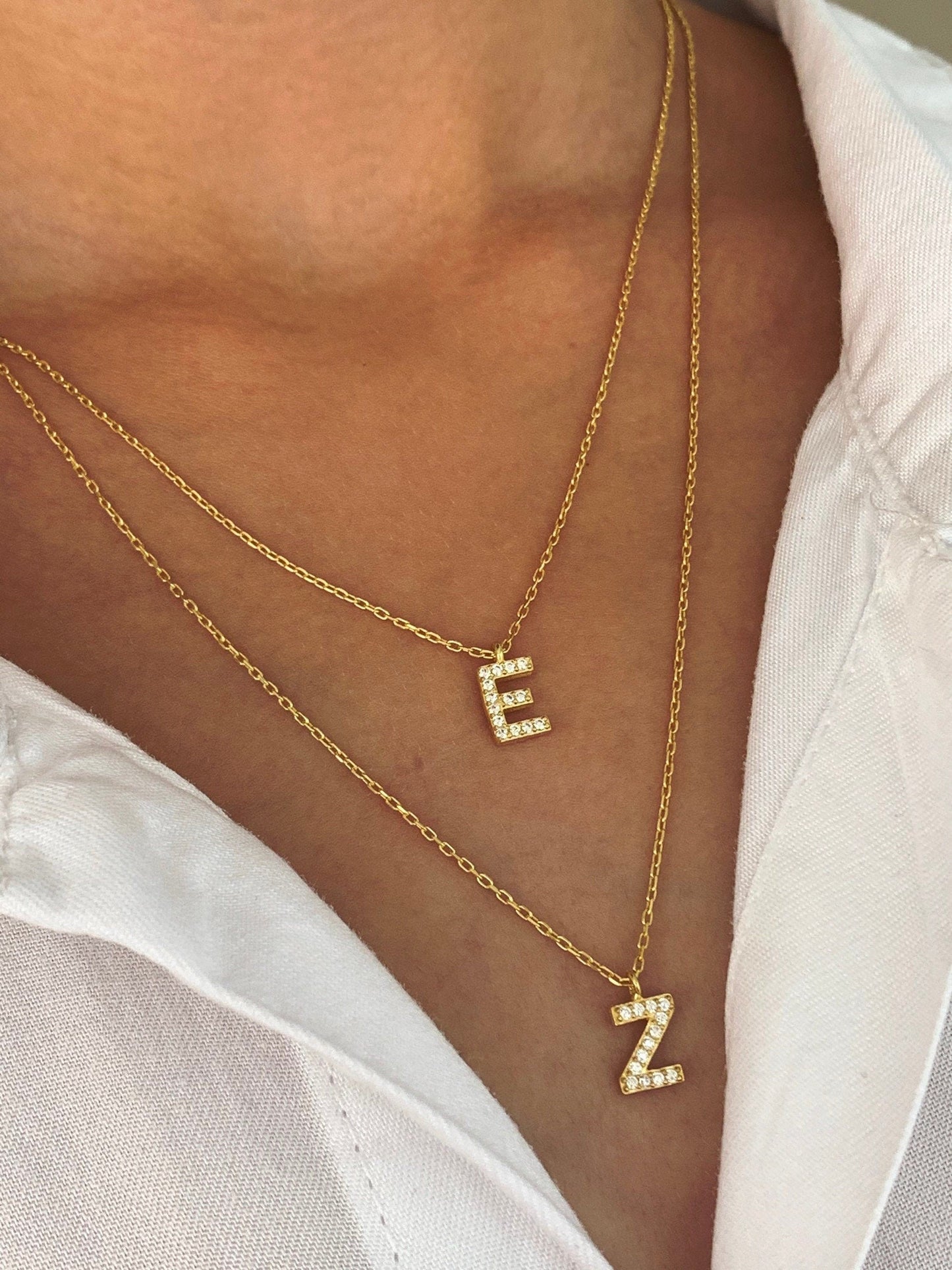 Layered double initial necklace set with CZ pave letters ‚Äì dainty sterling silver jewelry gift