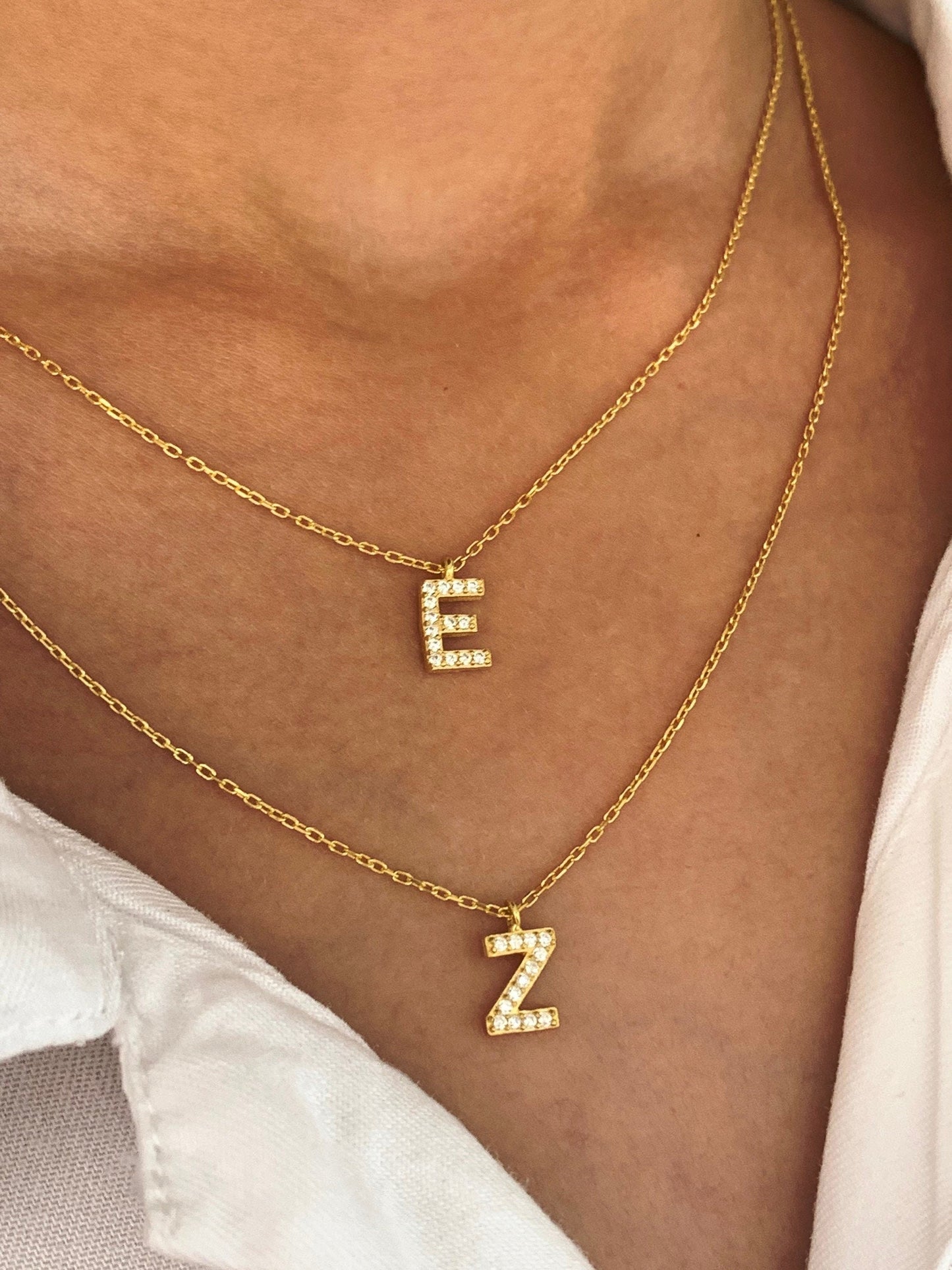 CZ Pave Initial Necklace Set: Sterling Silver Personalized Layered Jewelry Gifts