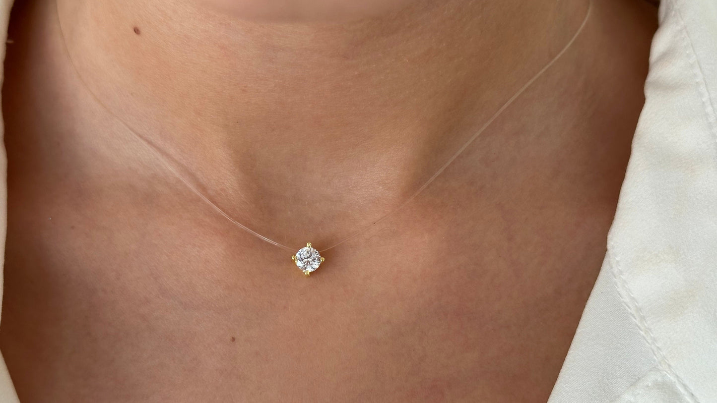 CZ Solitaire Necklace: Invisible Transparent Nylon, Sterling Silver