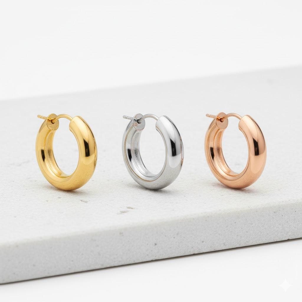 925 silver thick hoop earrings displayed on white background.