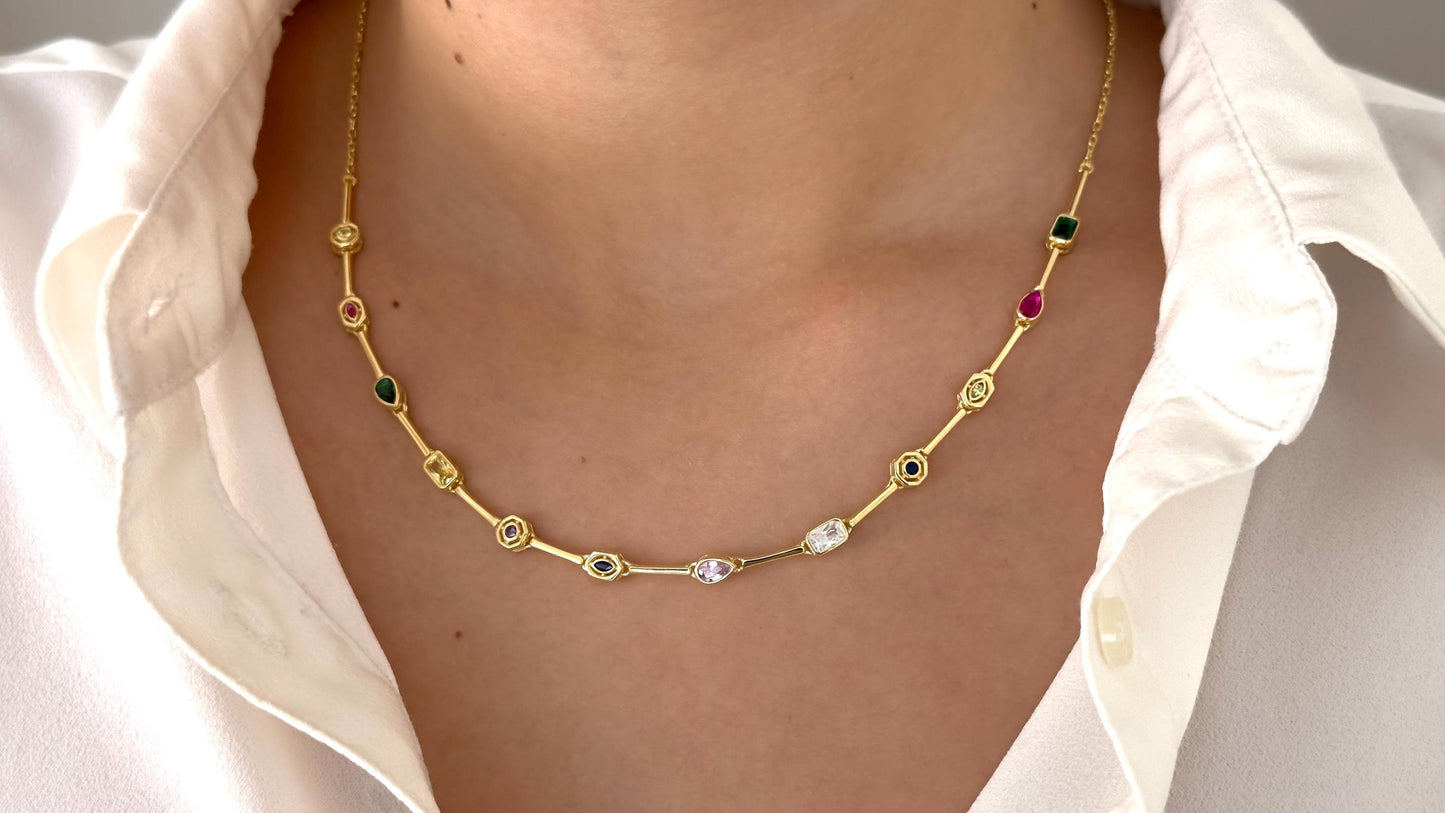 Colorful CZ Gemstone Necklace, 14k Gold Sterling Silver Layering Crystal Jewelry Gift
